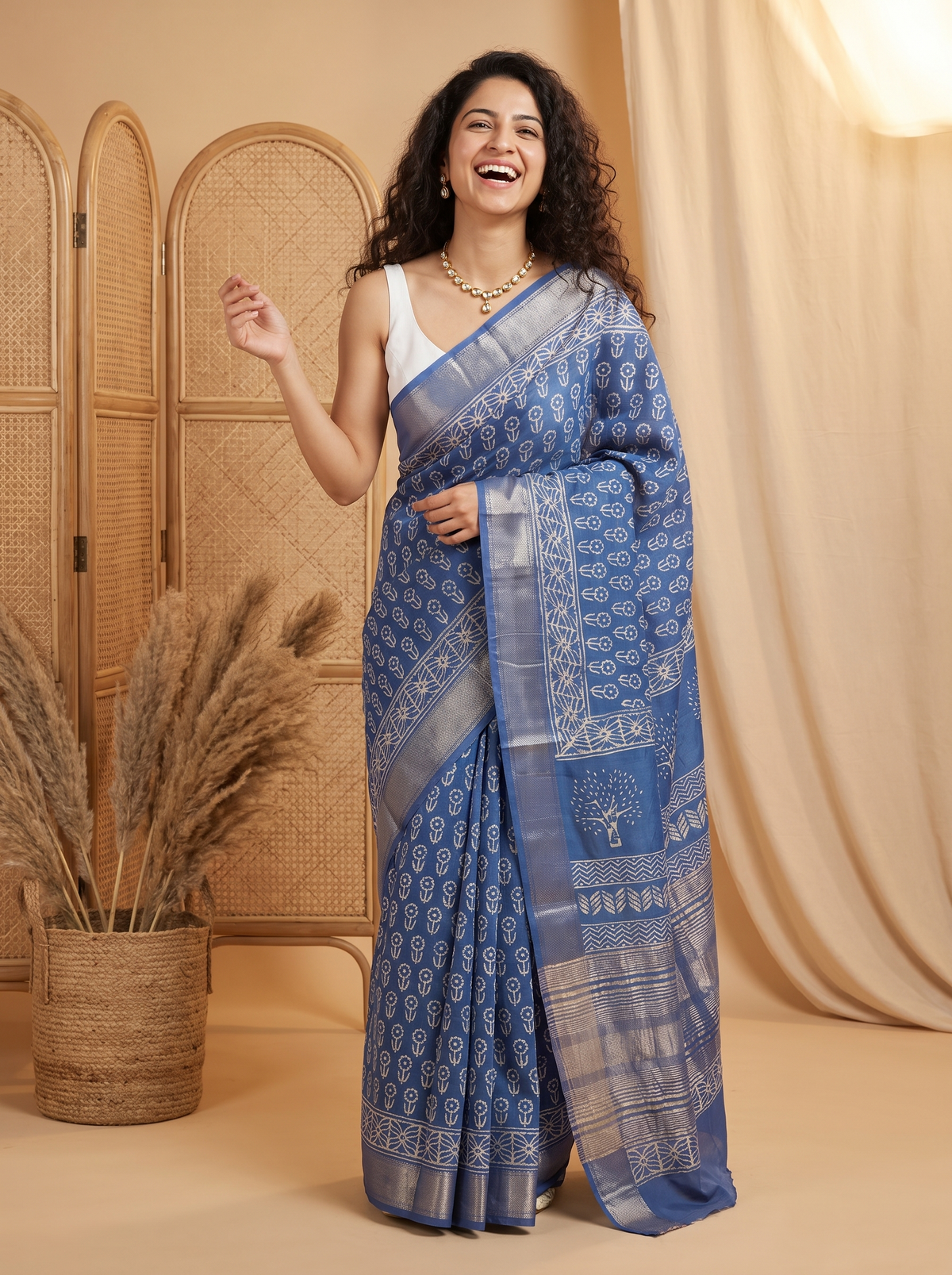 Steel Blue Maheshwari Cotton Silk Saree