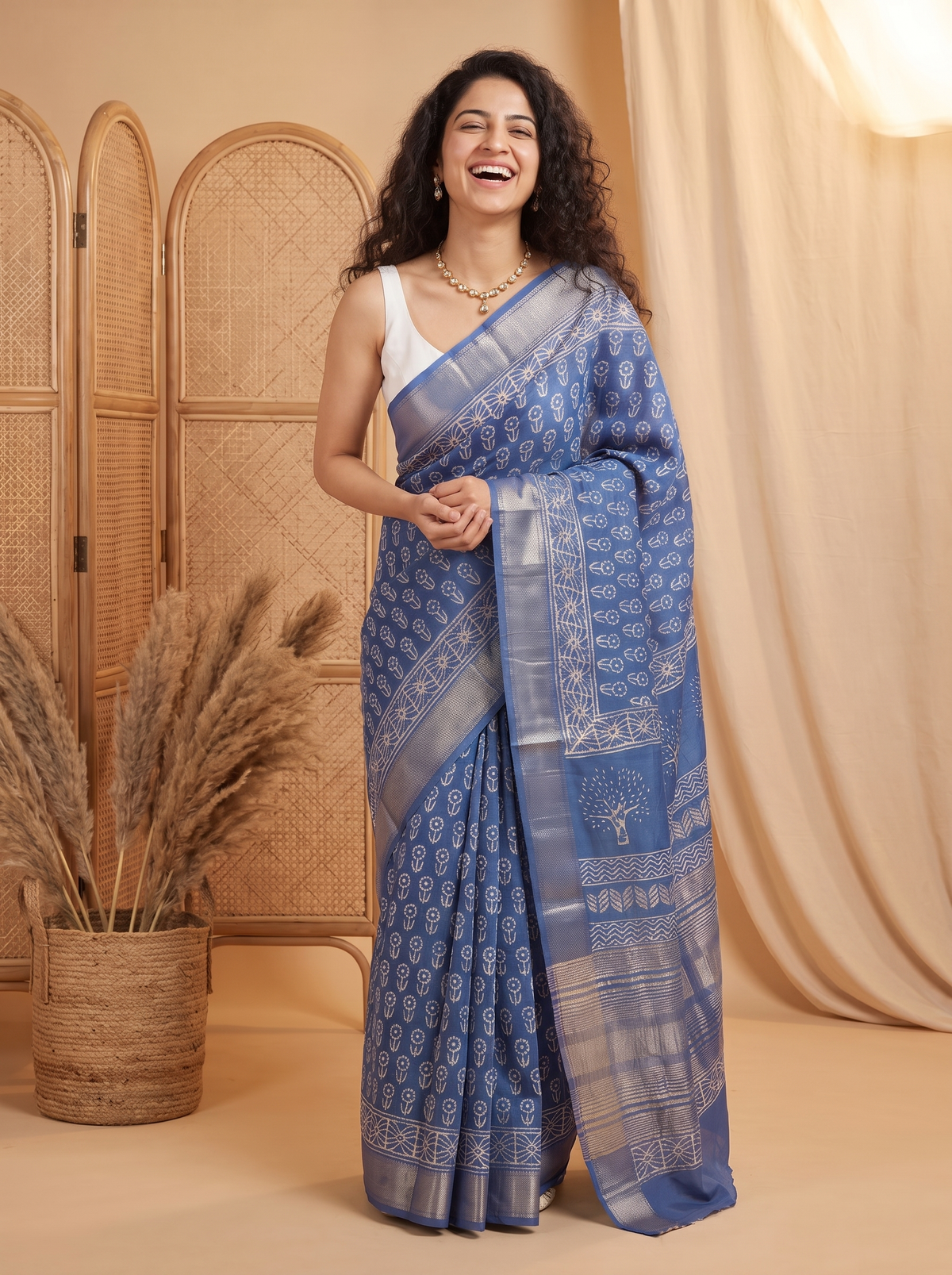 Steel Blue Maheshwari Cotton Silk Saree