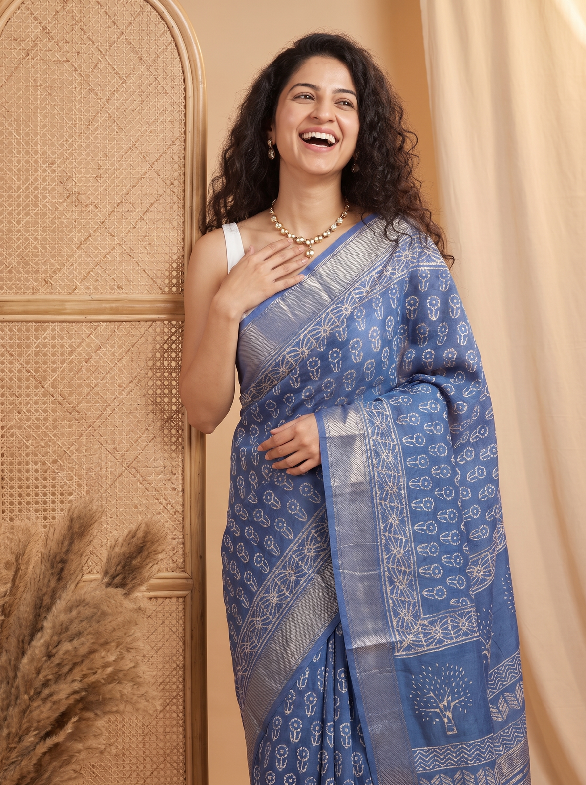 Steel Blue Maheshwari Cotton Silk Saree