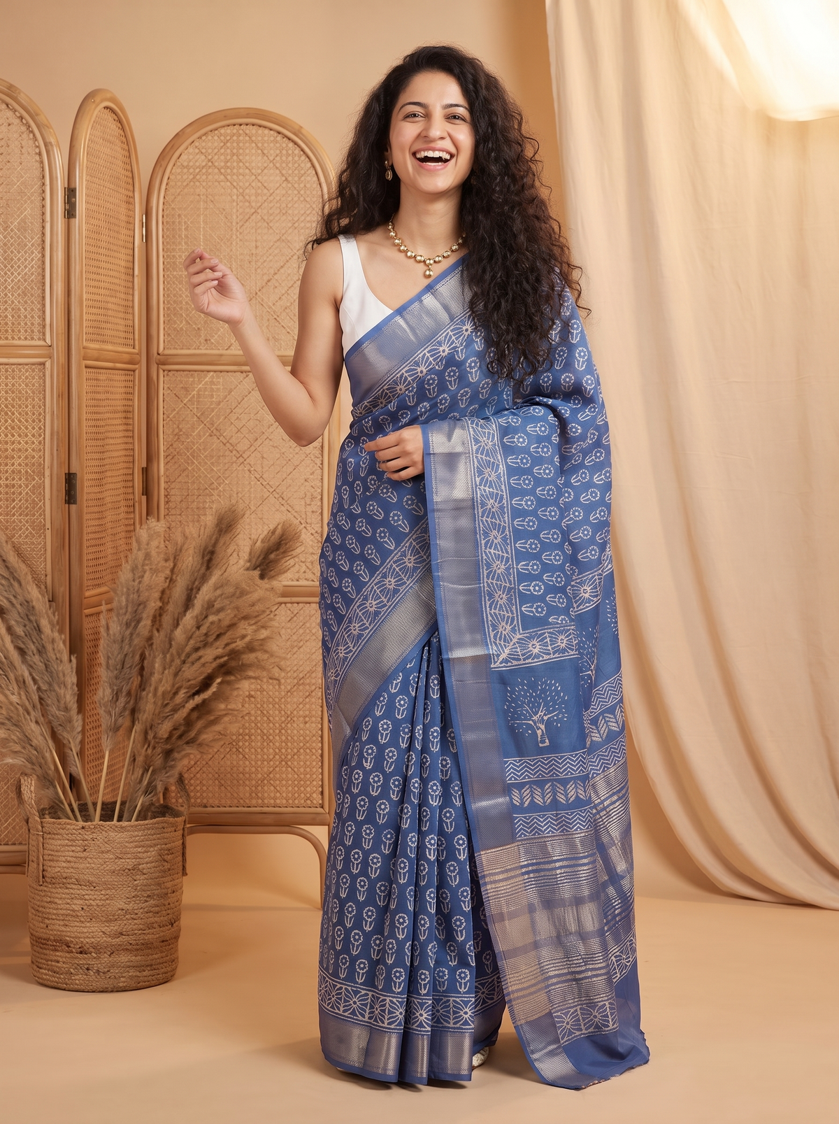 Steel Blue Maheshwari Cotton Silk Saree