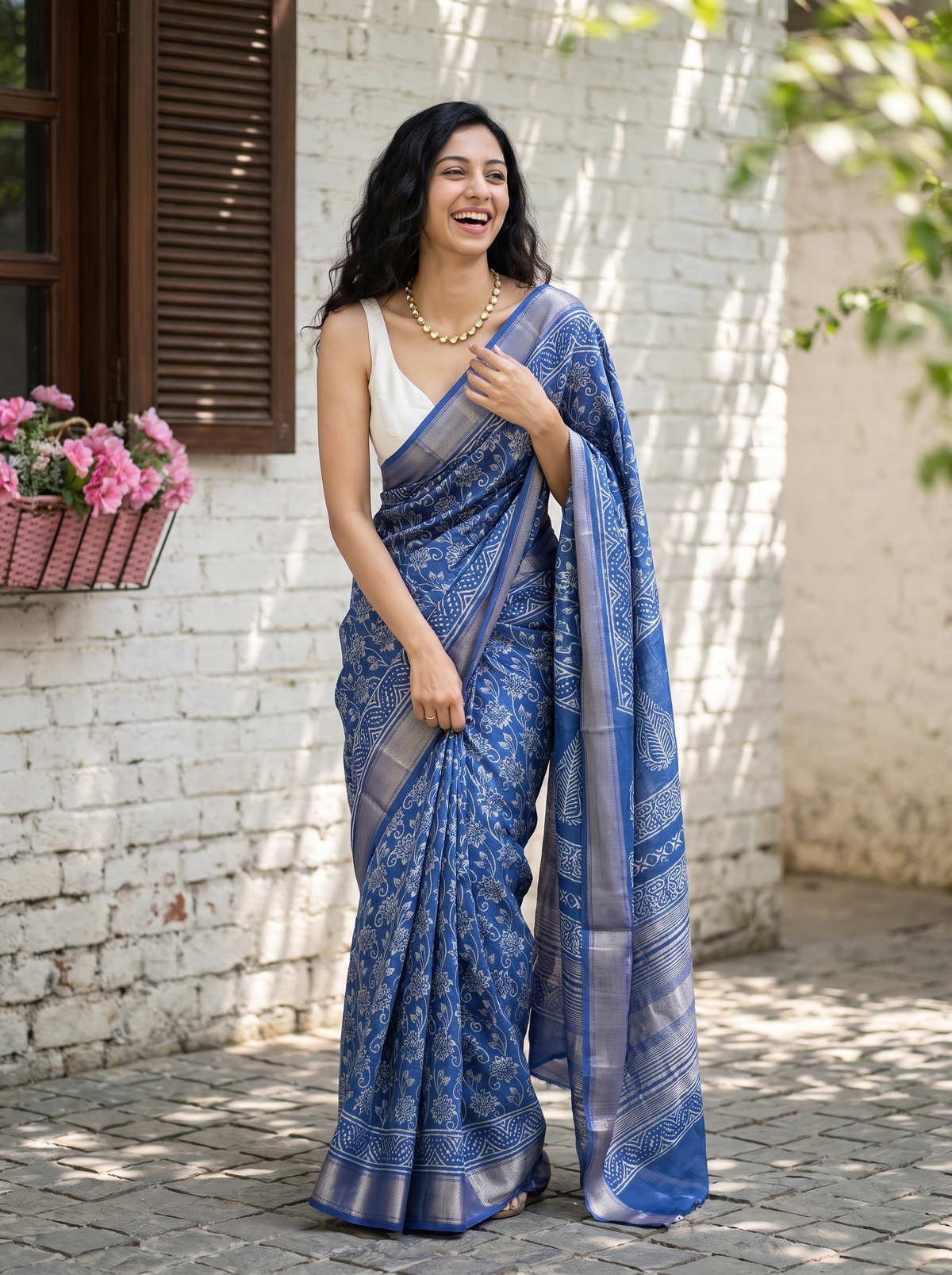 Sapphire Blue Maheshwari Cotton Silk Saree