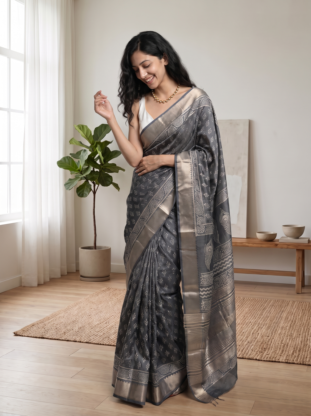 Sage Grey Maheshwari Cotton Silk Saree