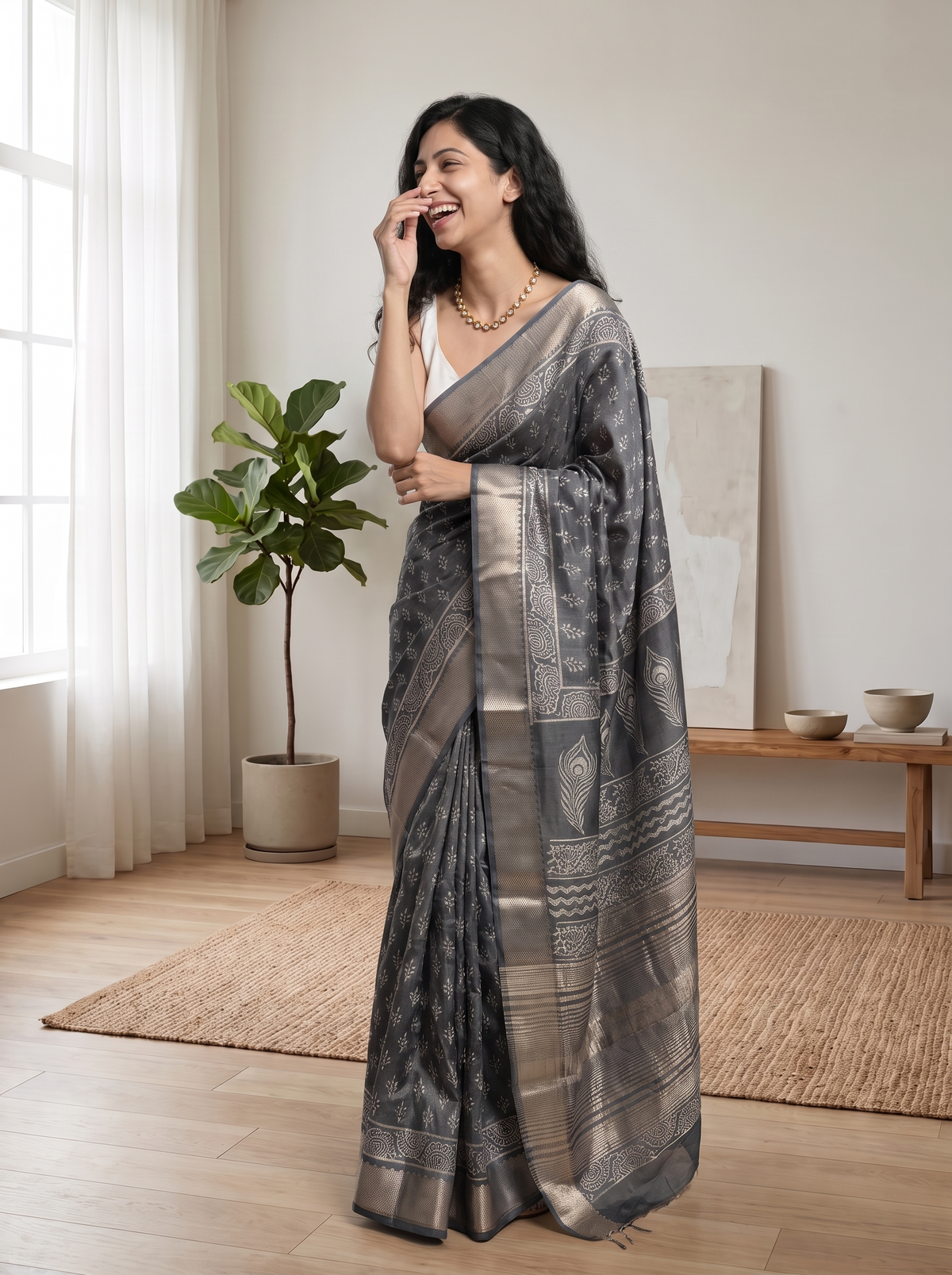 Sage Grey Maheshwari Cotton Silk Saree