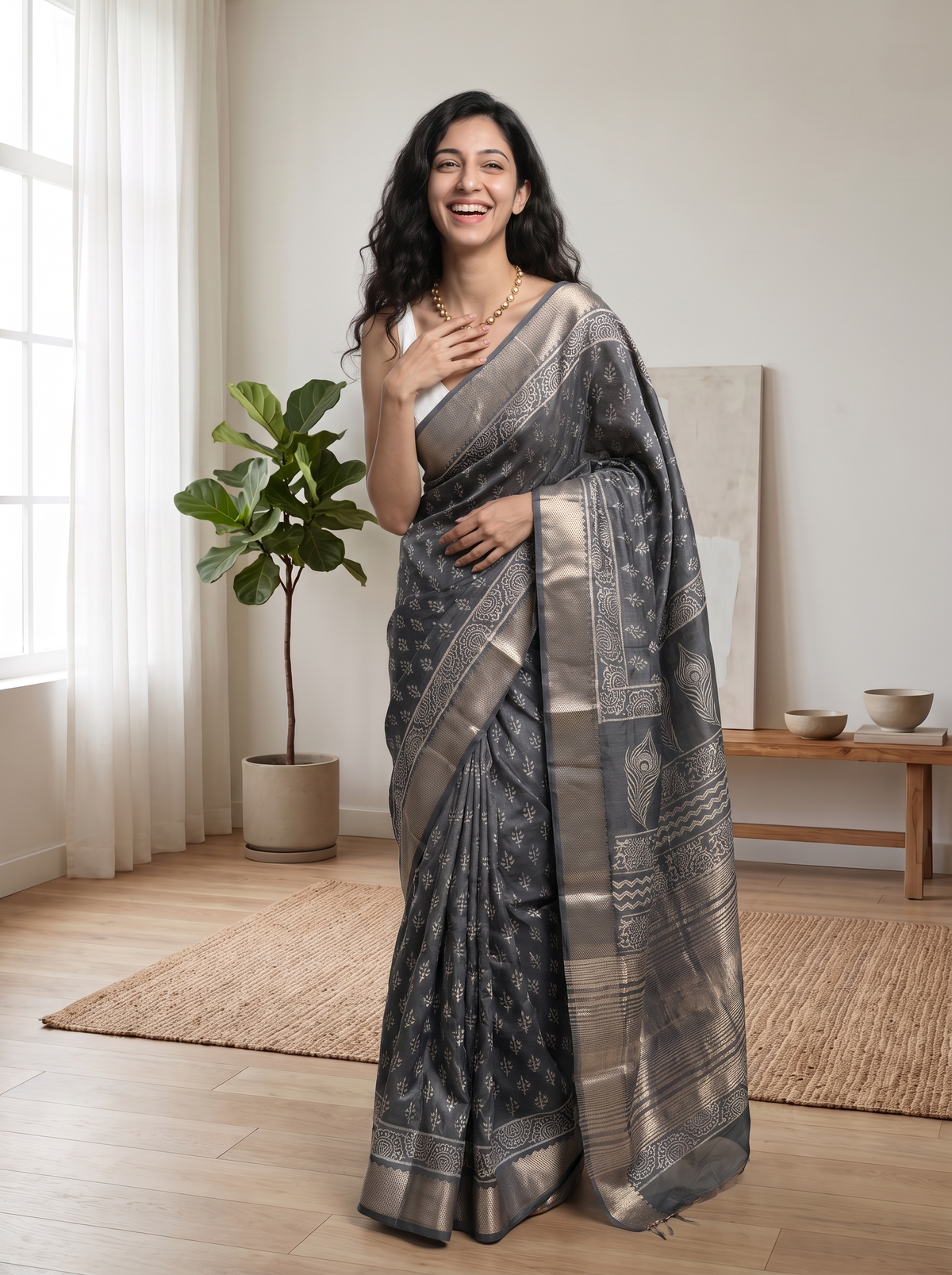 Sage Grey Maheshwari Cotton Silk Saree