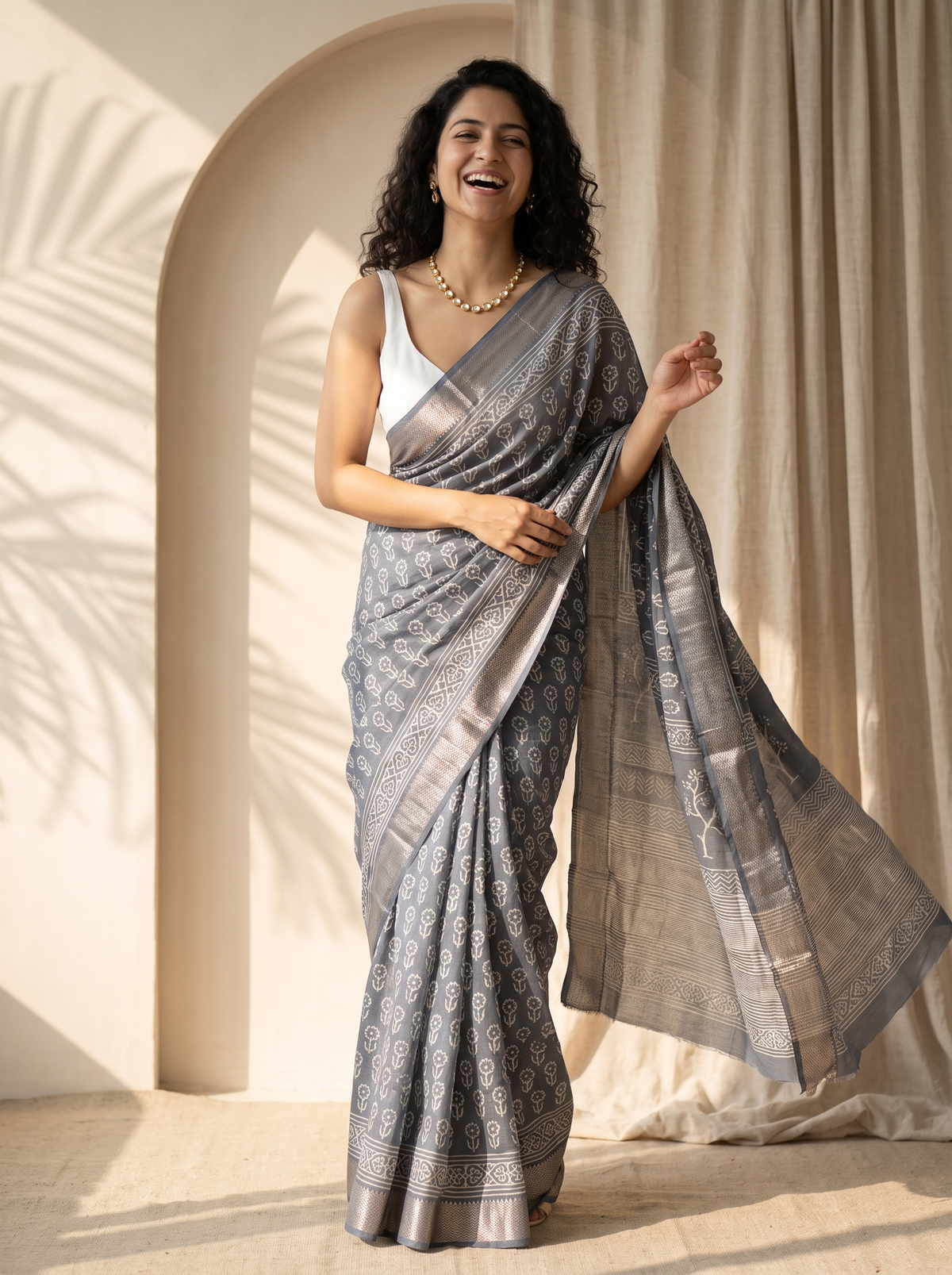 Warm Grey Maheshwari Cotton Silk Saree