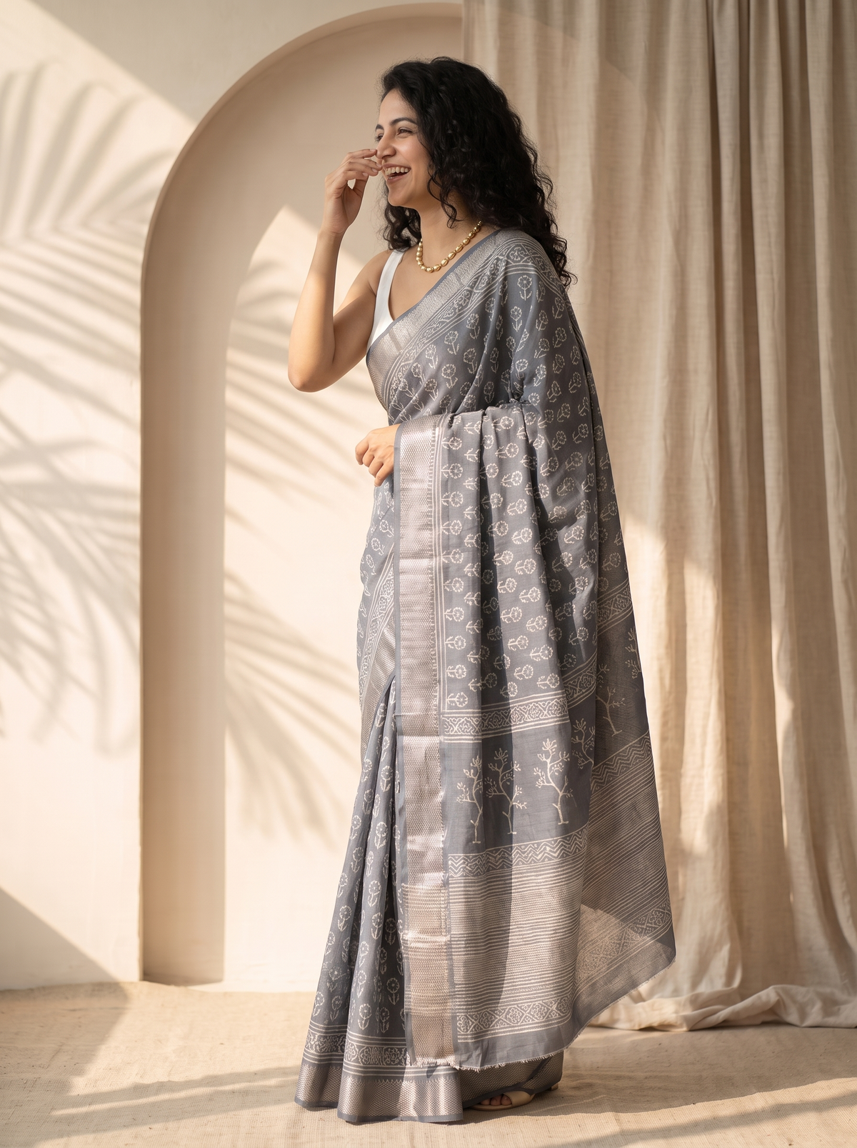 Warm Grey Maheshwari Cotton Silk Saree