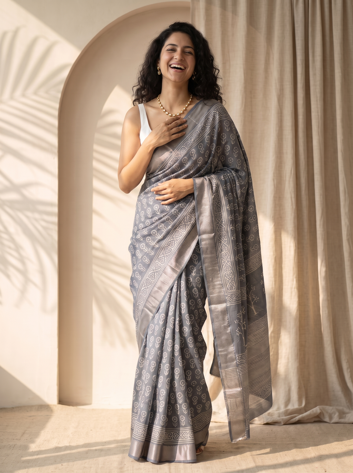 Warm Grey Maheshwari Cotton Silk Saree