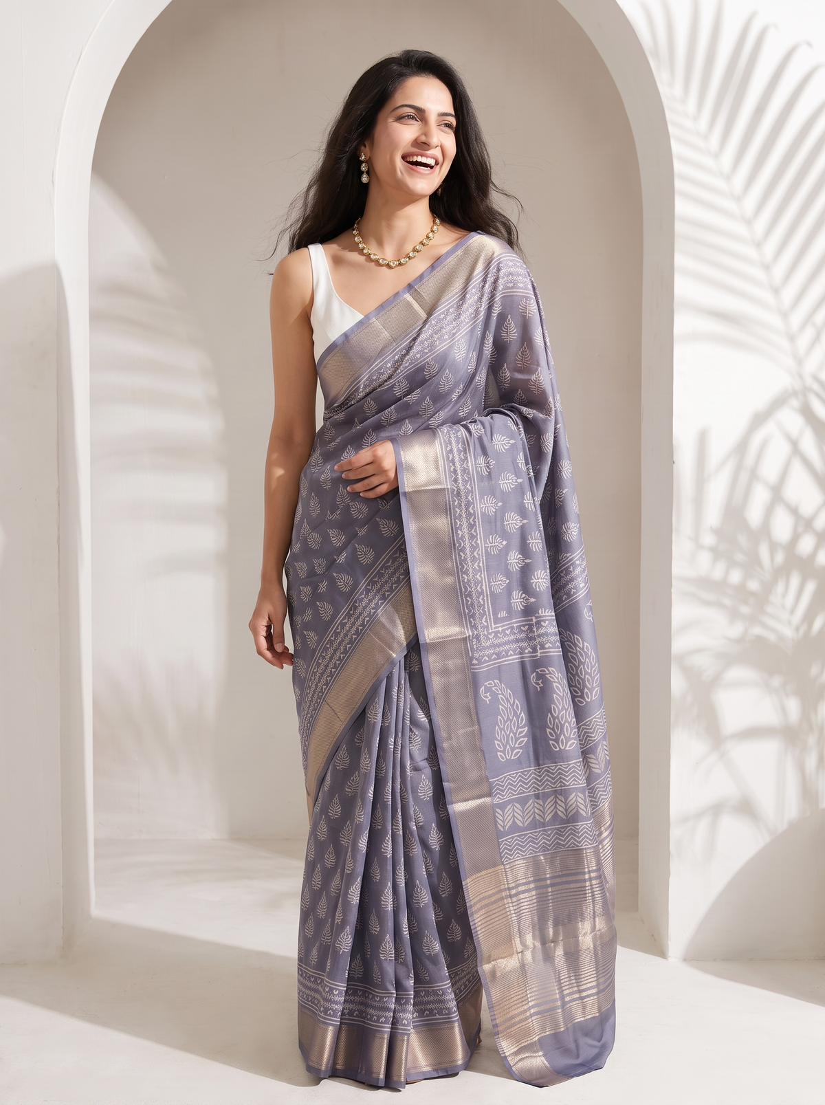 Lavender Grey Maheshwari Cotton Silk Saree