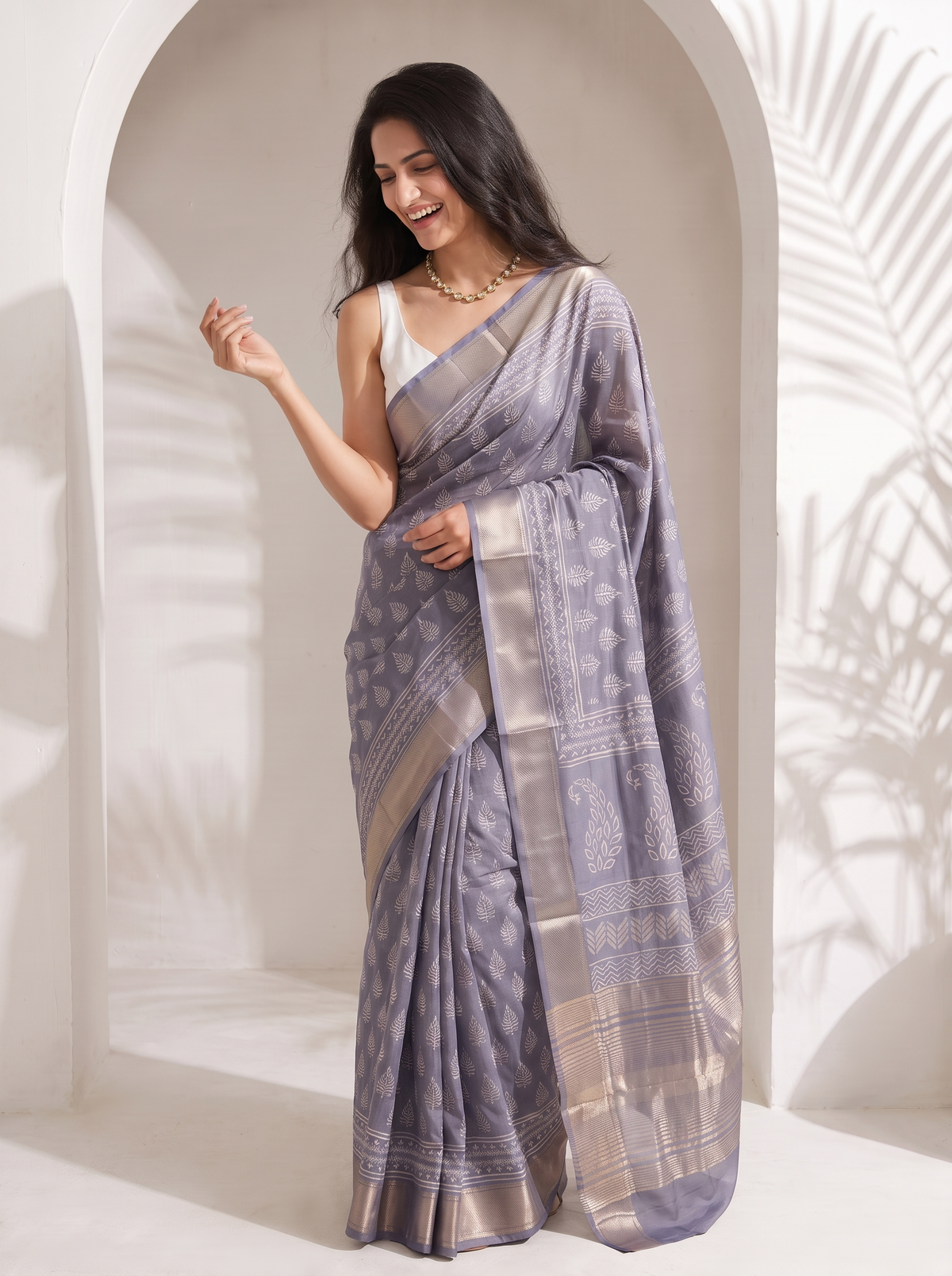 Lavender Grey Maheshwari Cotton Silk Saree