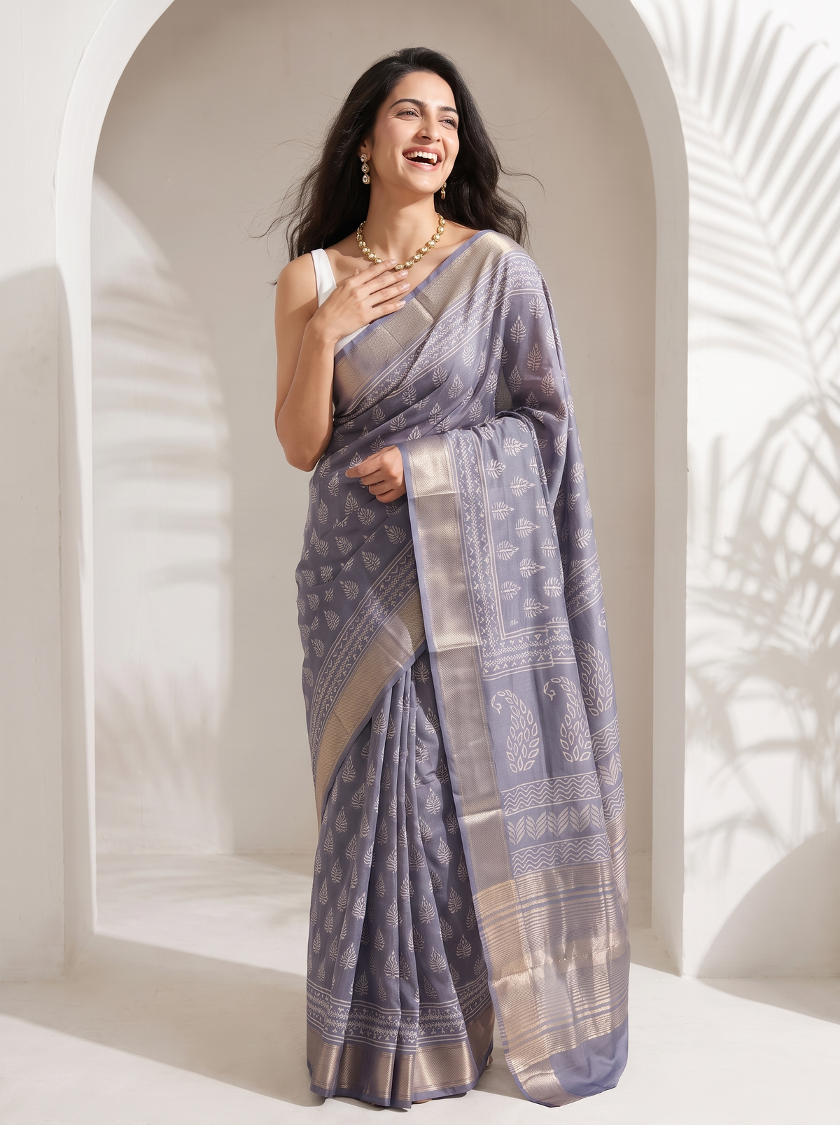 Lavender Grey Maheshwari Cotton Silk Saree