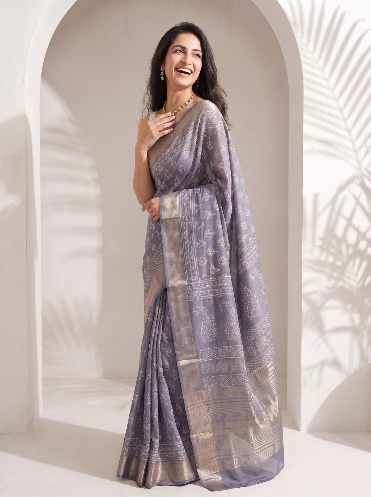 Lavender Grey Maheshwari Cotton Silk Saree