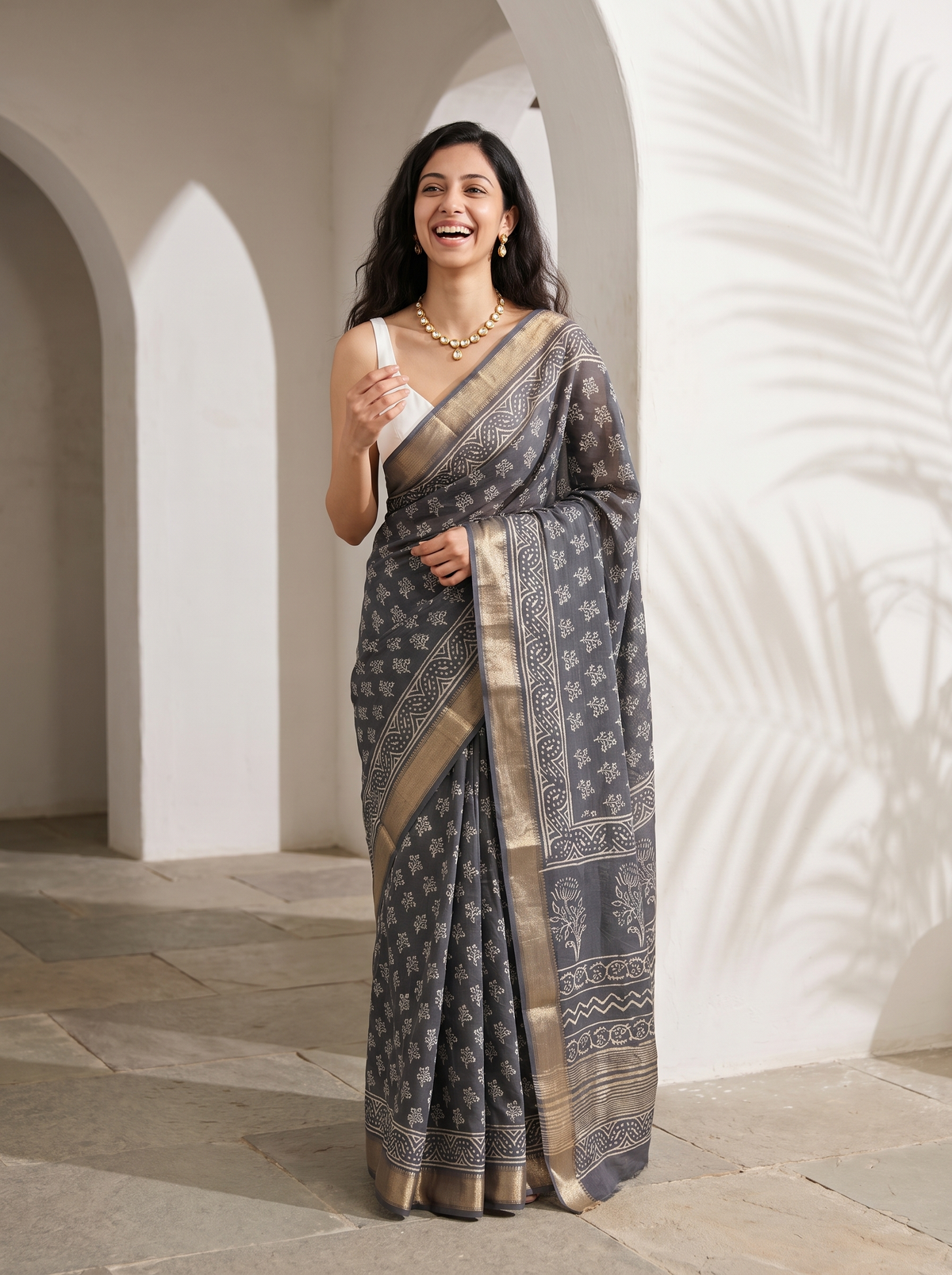 Dusty Grey Maheshwari Cotton Silk Saree
