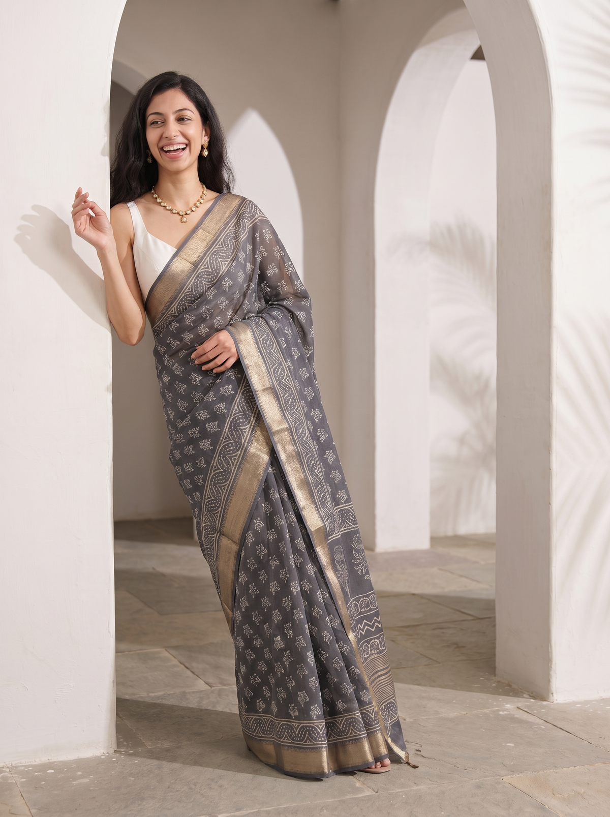 Dusty Grey Maheshwari Cotton Silk Saree