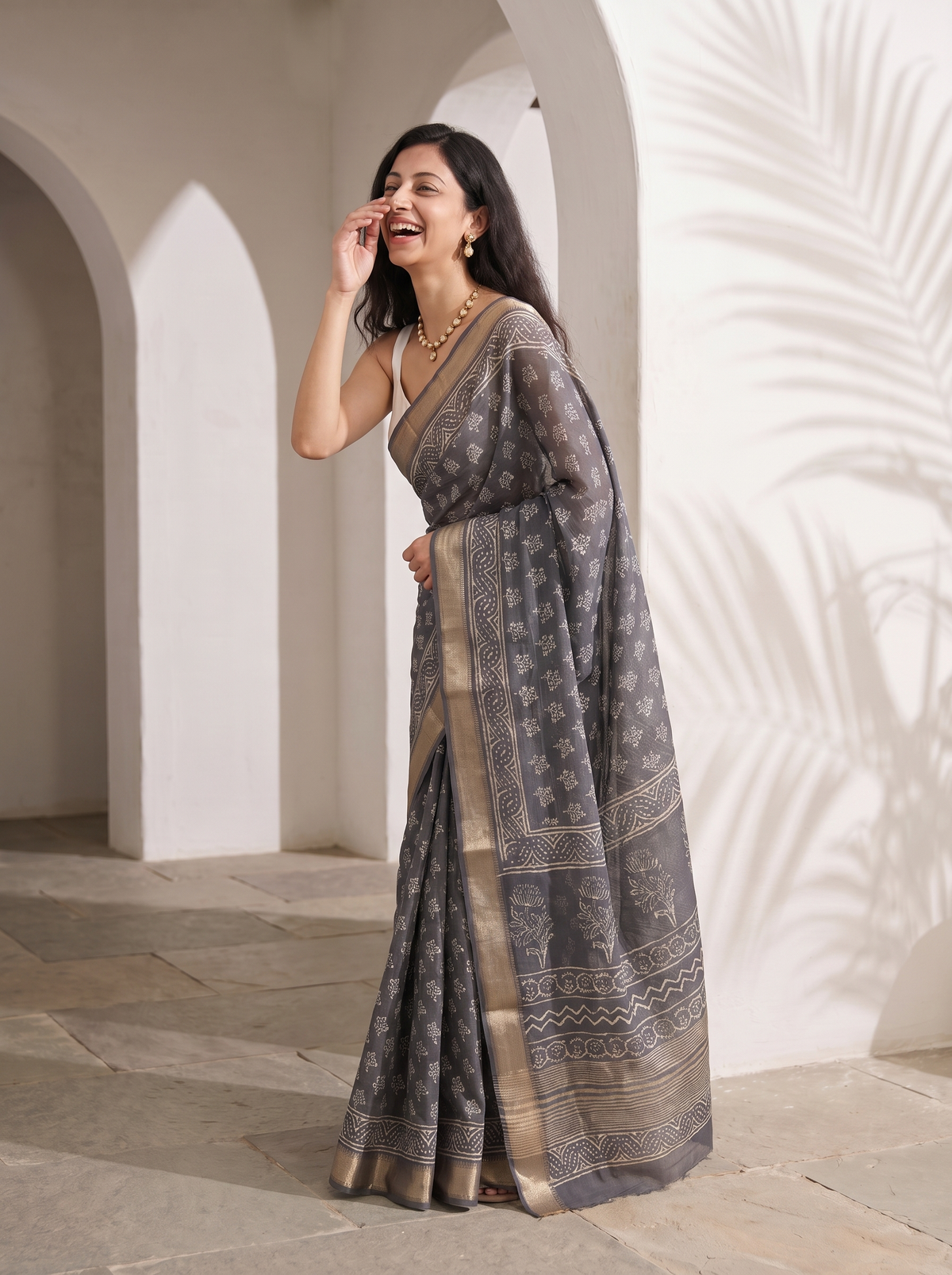 Dusty Grey Maheshwari Cotton Silk Saree