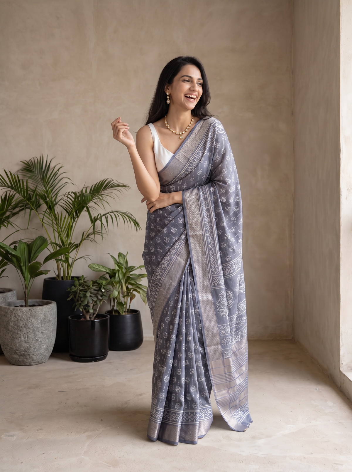Mist Grey Maheshwari Cotton Silk Saree