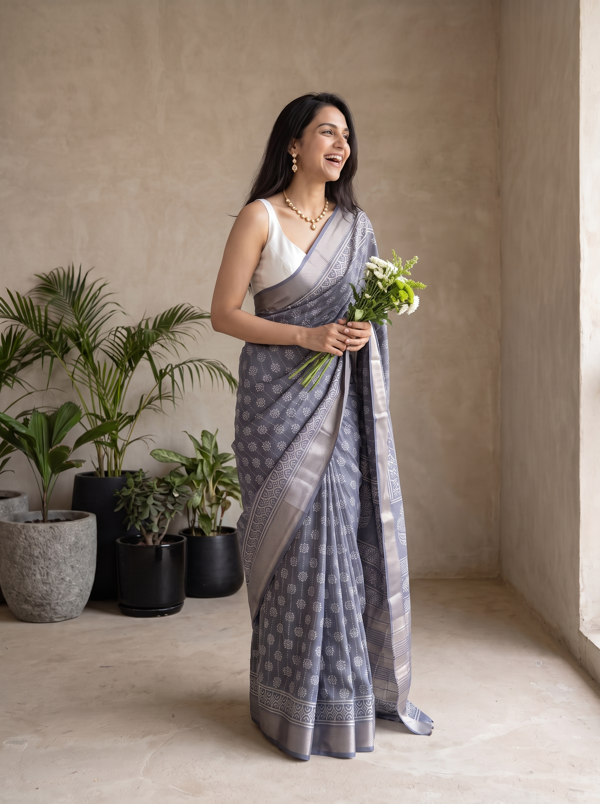 Mist Grey Maheshwari Cotton Silk Saree