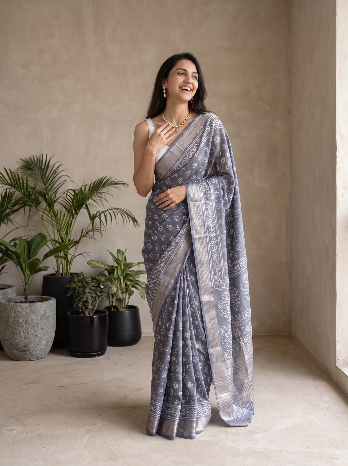 Mist Grey Maheshwari Cotton Silk Saree