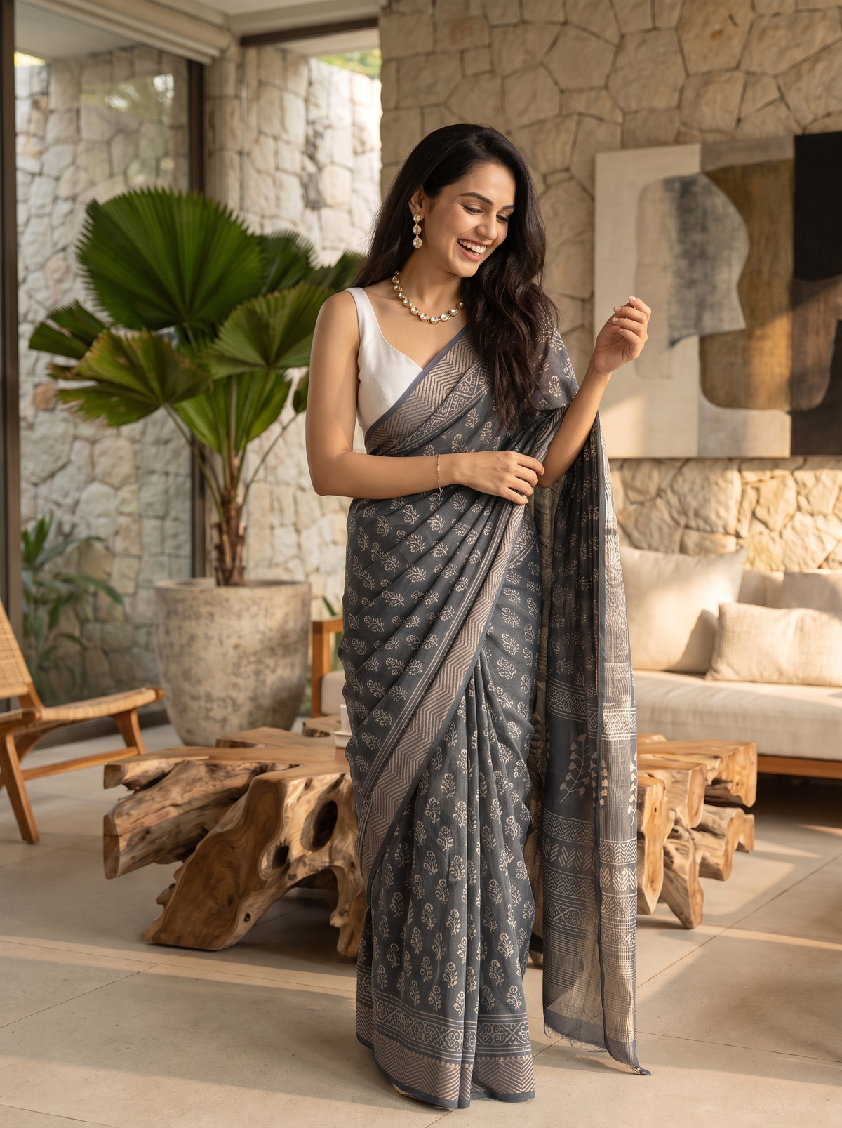 Slate Grey Maheshwari Cotton Silk Saree