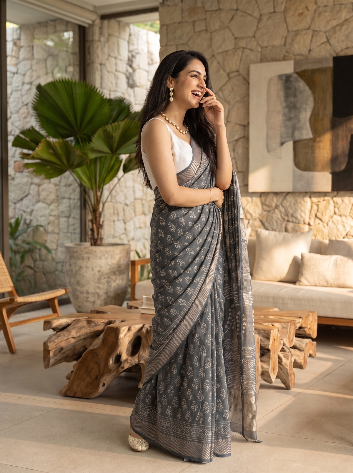 Slate Grey Maheshwari Cotton Silk Saree