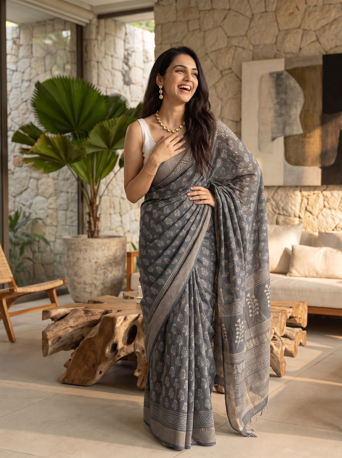 Slate Grey Maheshwari Cotton Silk Saree