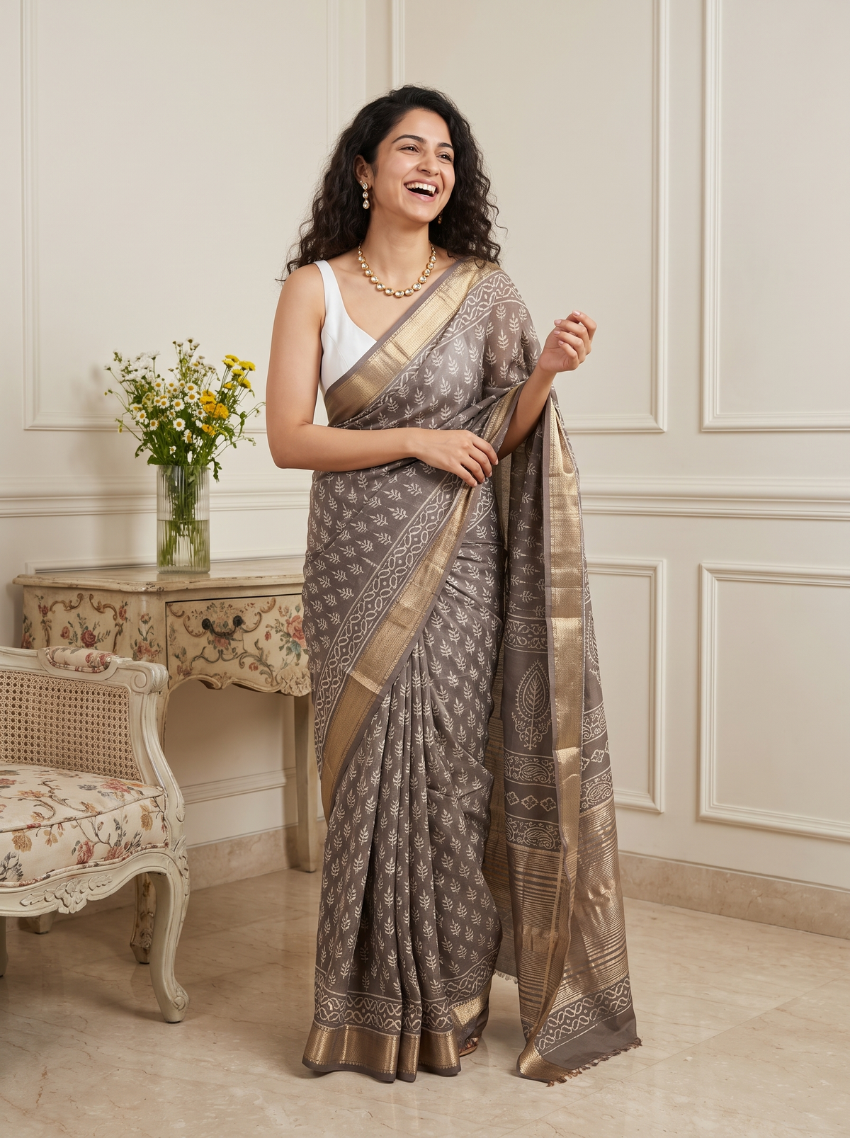 Pearl Grey Maheshwari Cotton Silk Saree