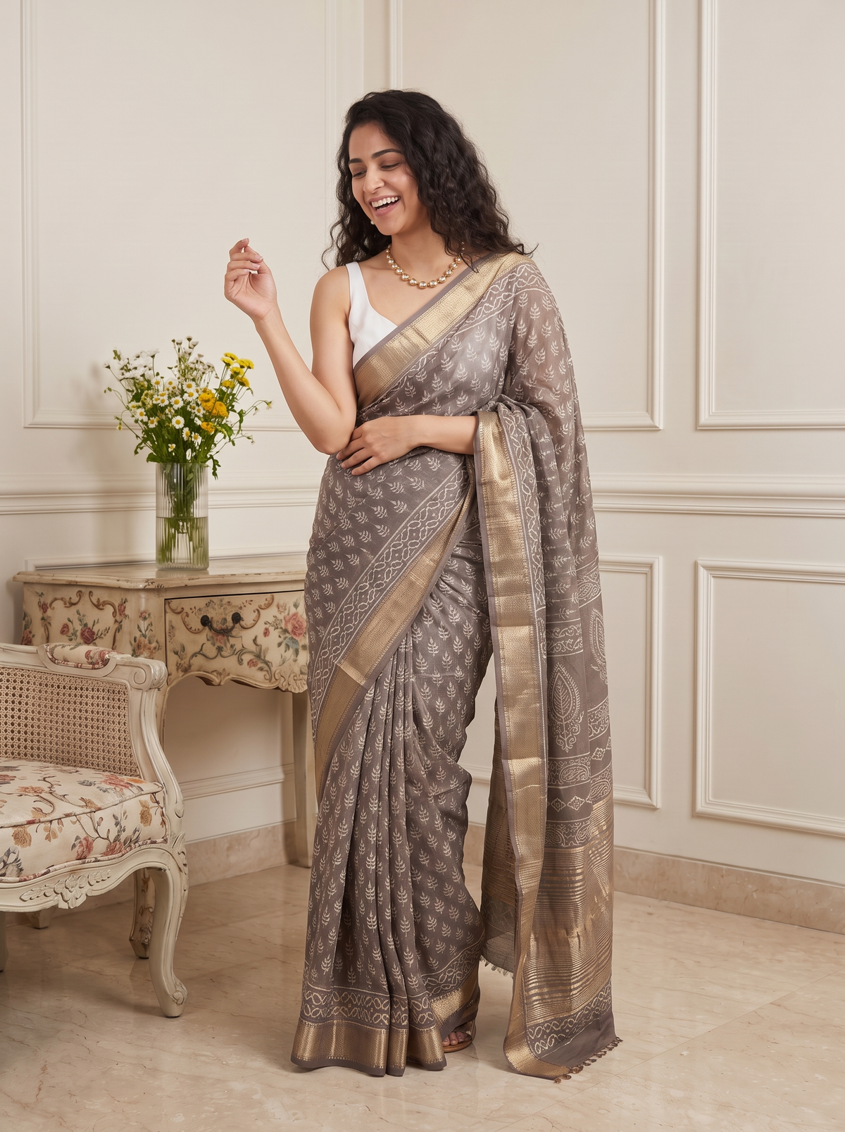 Pearl Grey Maheshwari Cotton Silk Saree