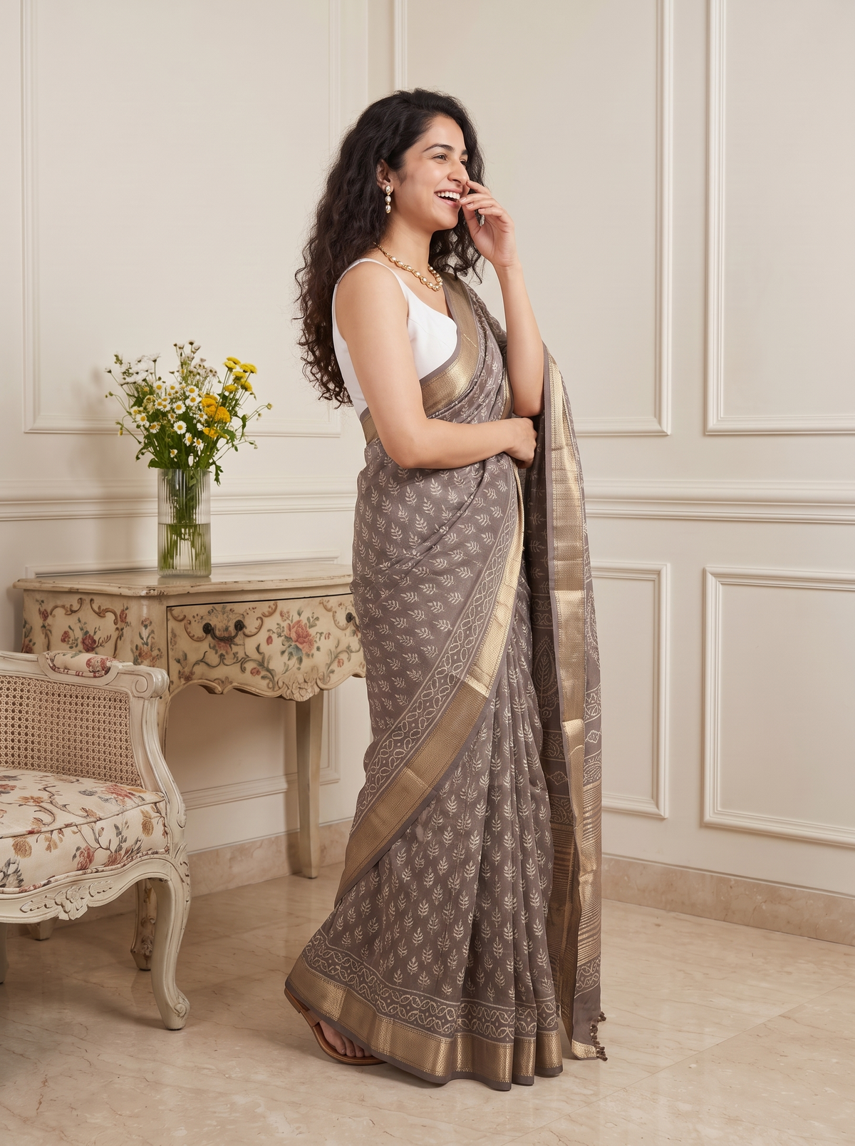 Pearl Grey Maheshwari Cotton Silk Saree