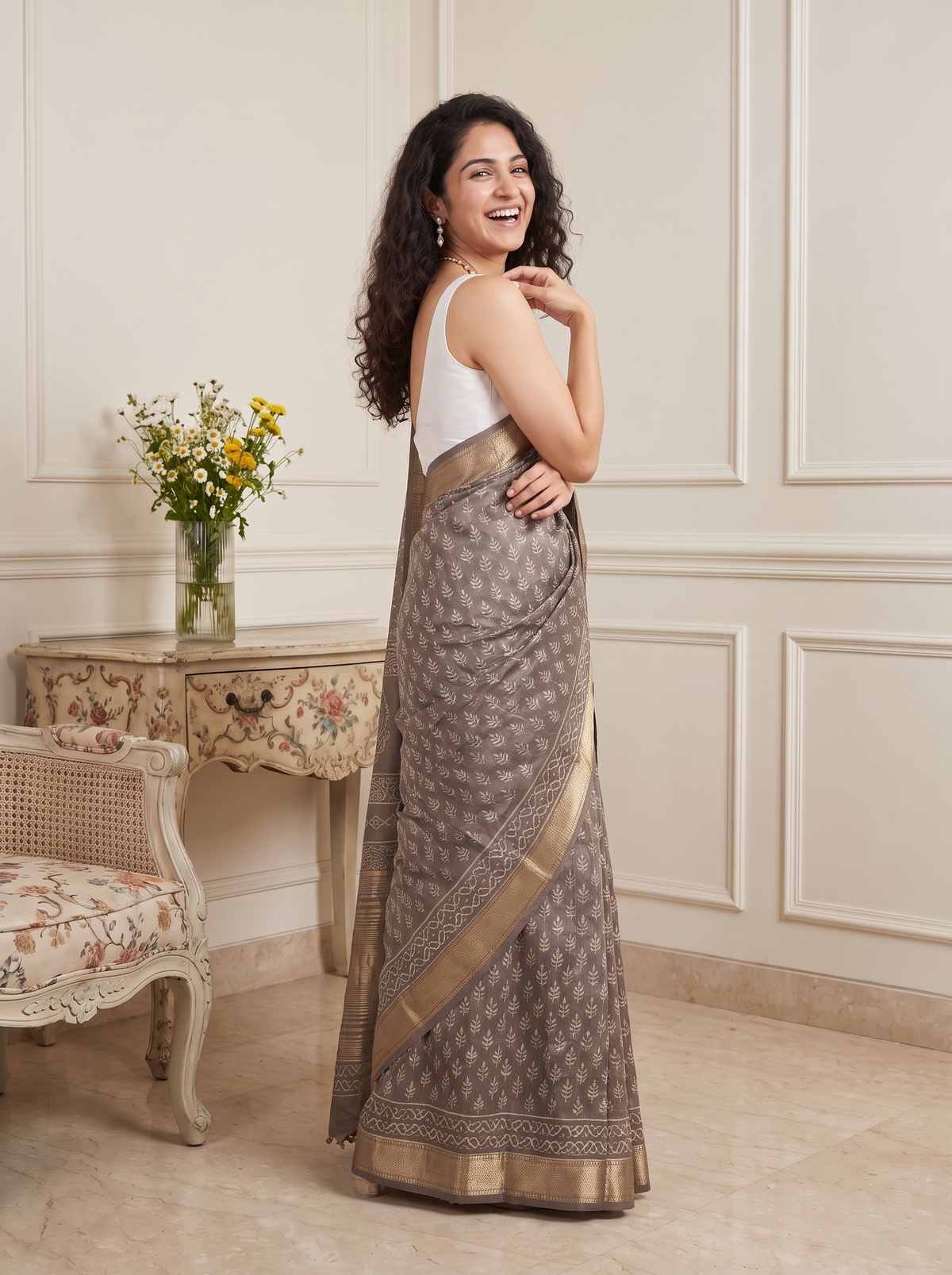 Pearl Grey Maheshwari Cotton Silk Saree