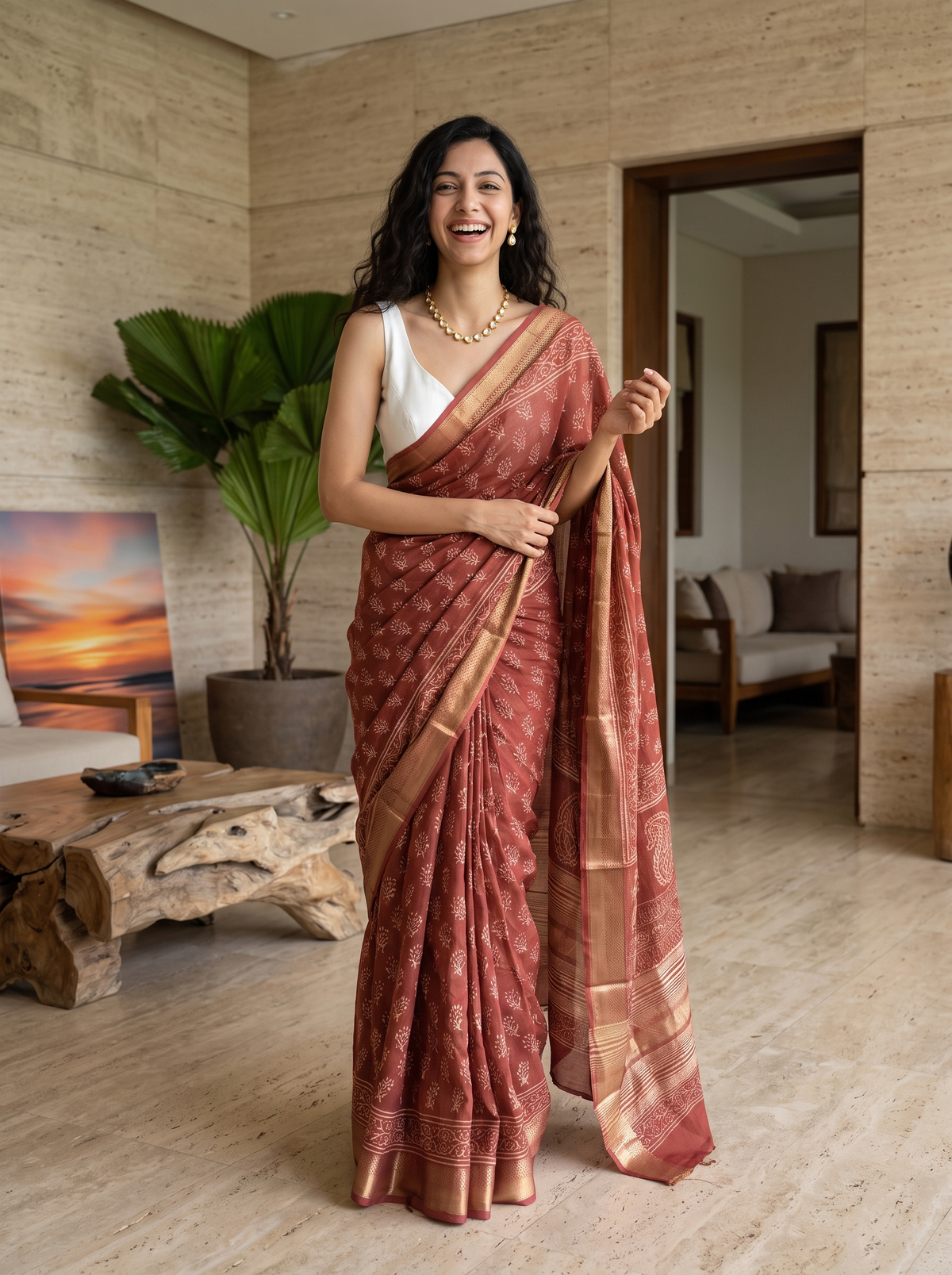 Burnt Rose Maheshwari Cotton Silk Saree