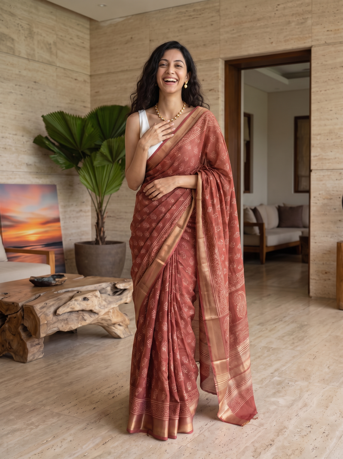 Burnt Rose Maheshwari Cotton Silk Saree