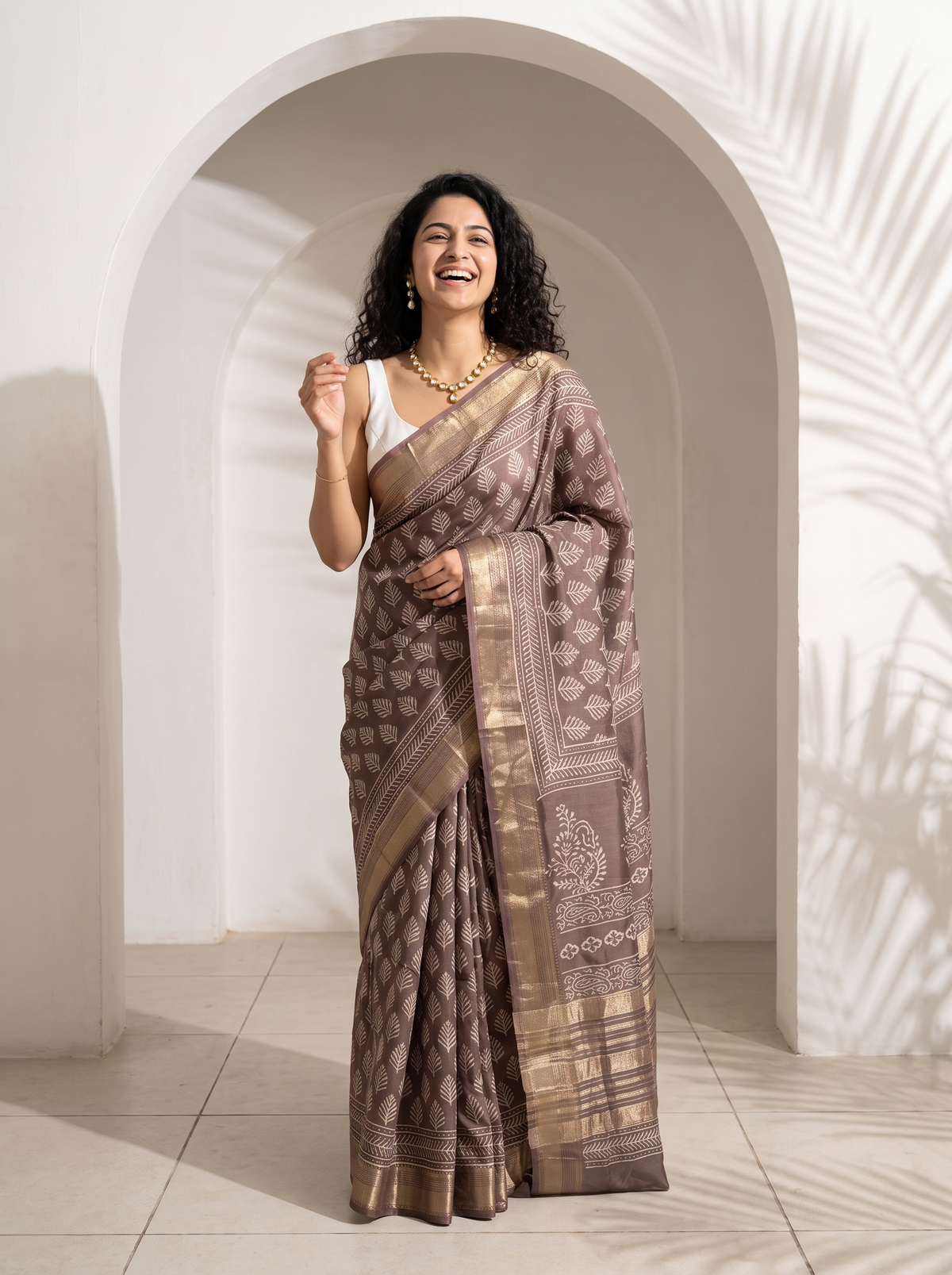 Smoky Taupe Maheshwari Cotton Silk Saree