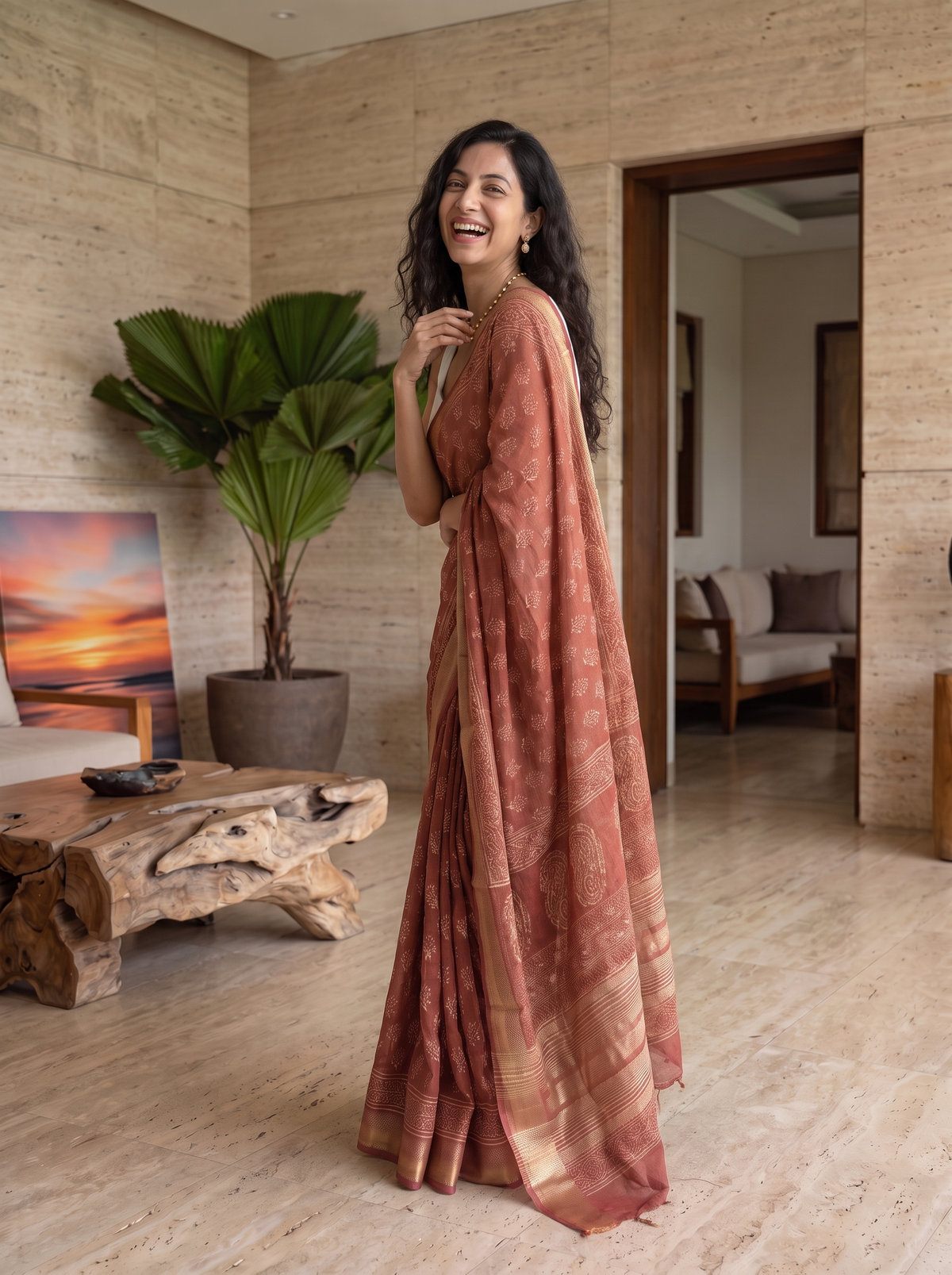 Burnt Rose Maheshwari Cotton Silk Saree