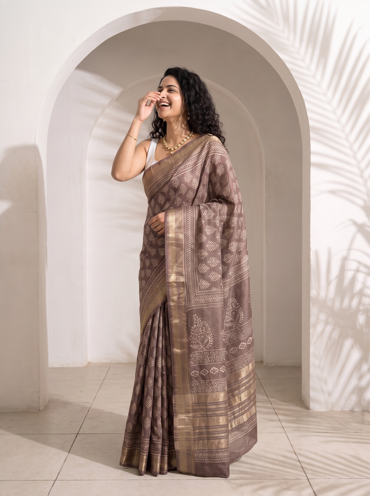 Smoky Taupe Maheshwari Cotton Silk Saree