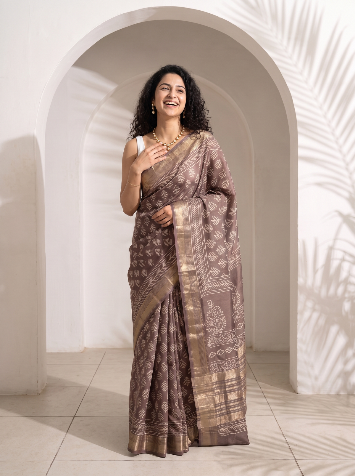 Smoky Taupe Maheshwari Cotton Silk Saree