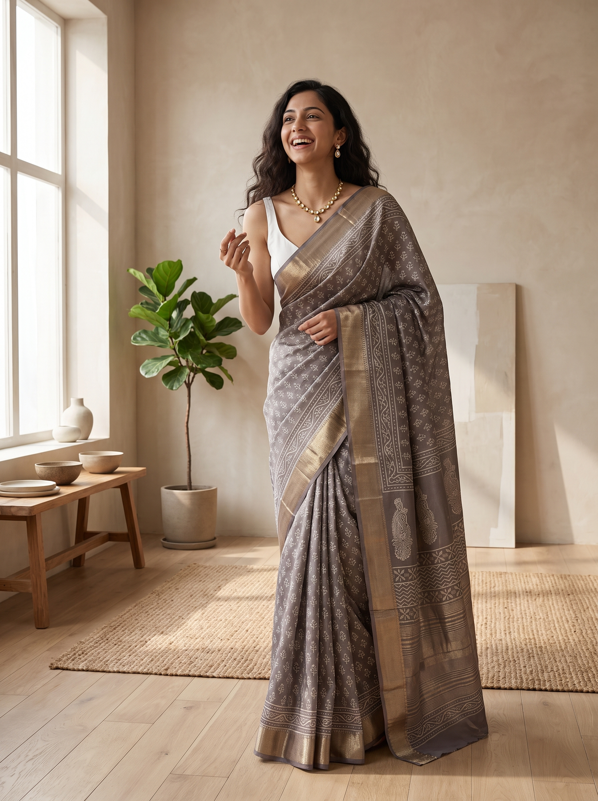 Ash Brown Maheshwari Cotton Silk Saree