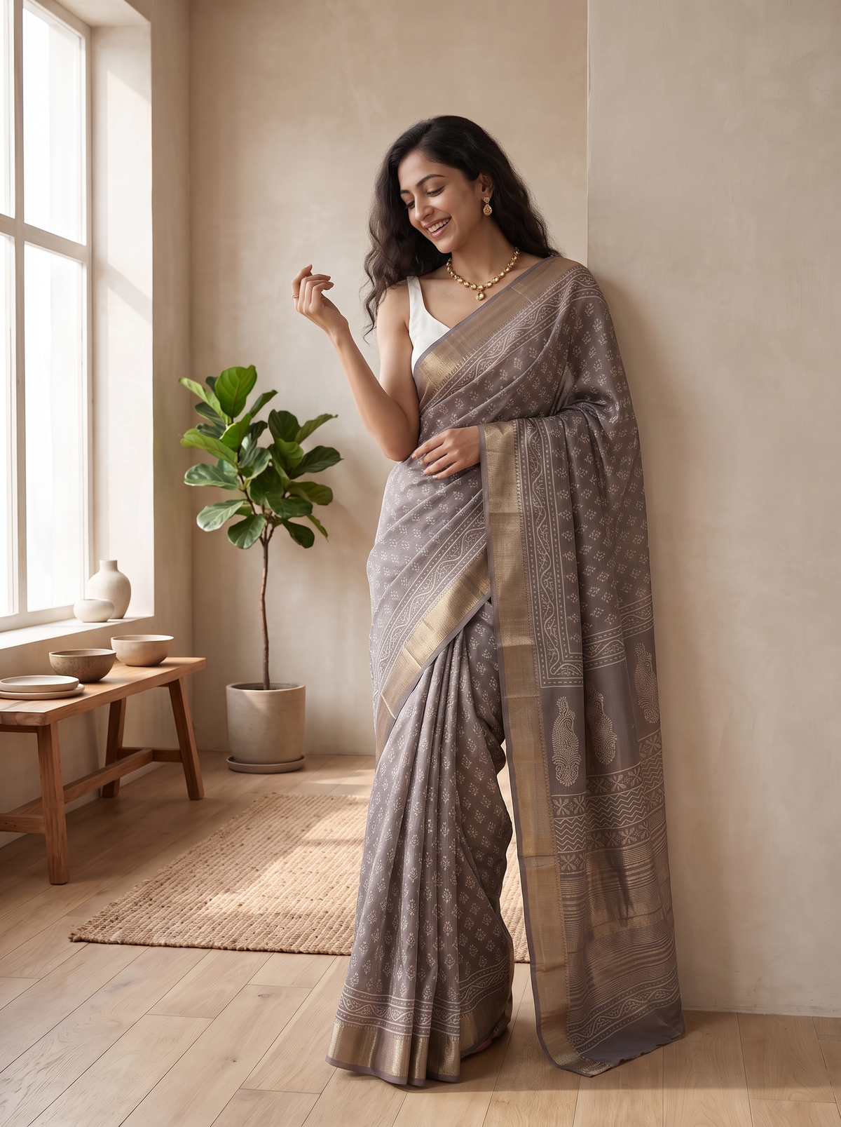 Ash Brown Maheshwari Cotton Silk Saree