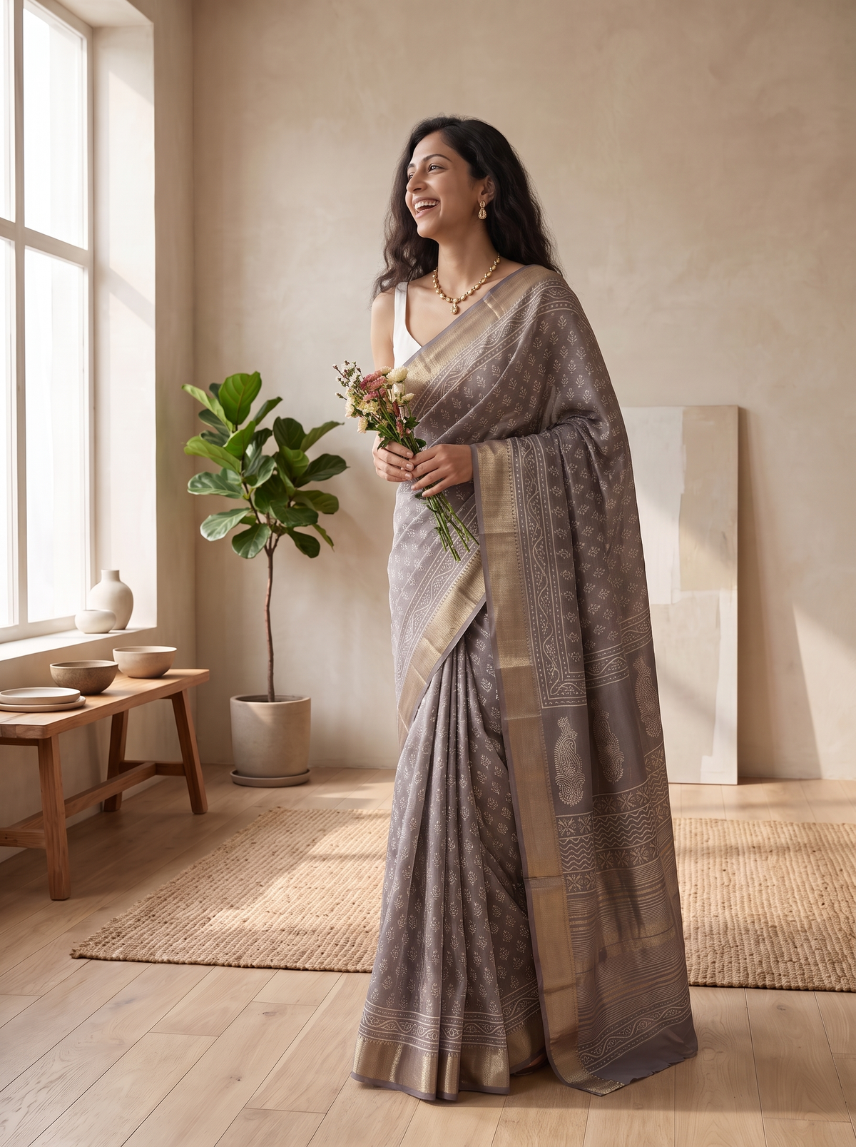 Ash Brown Maheshwari Cotton Silk Saree