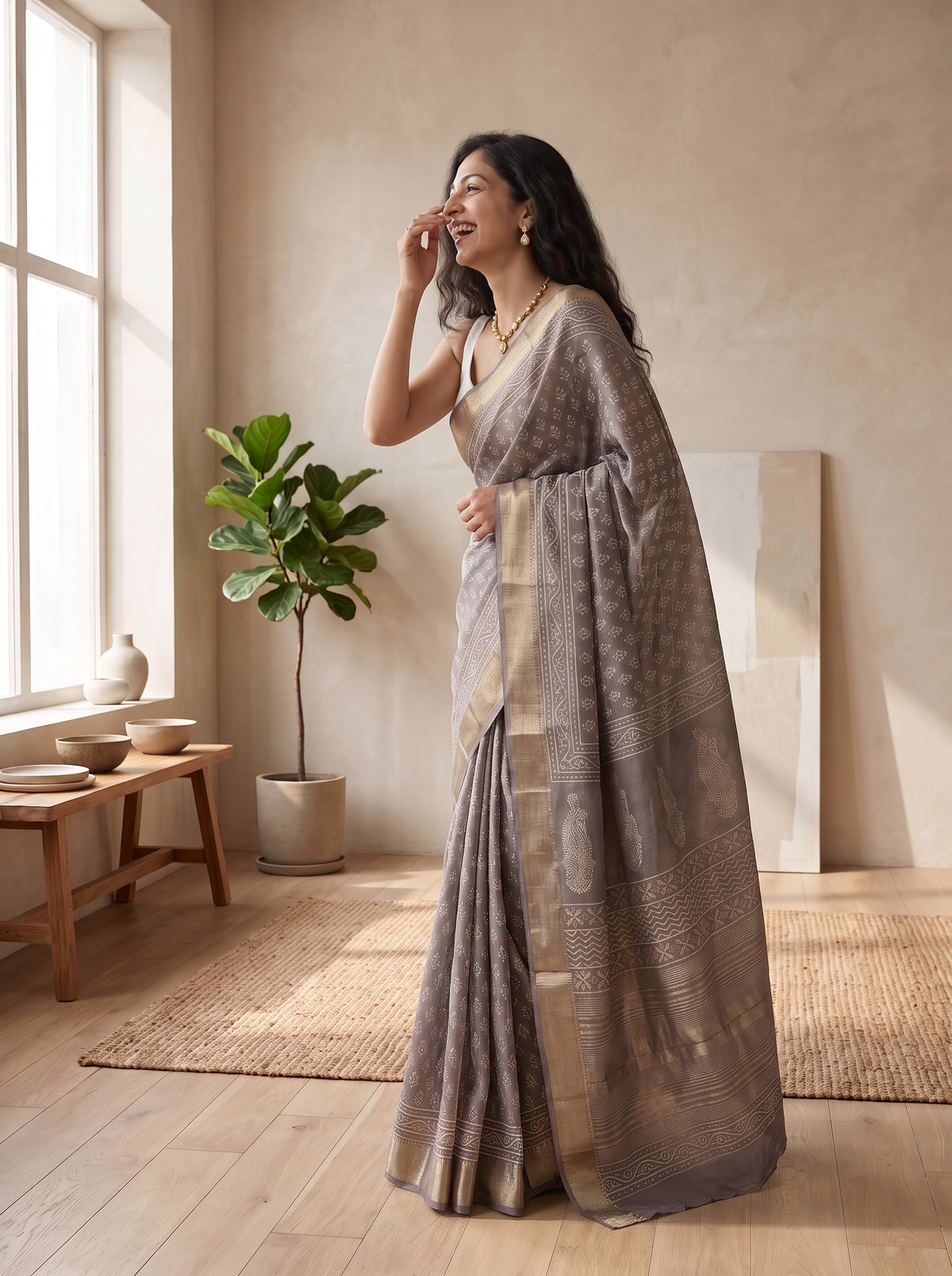 Ash Brown Maheshwari Cotton Silk Saree