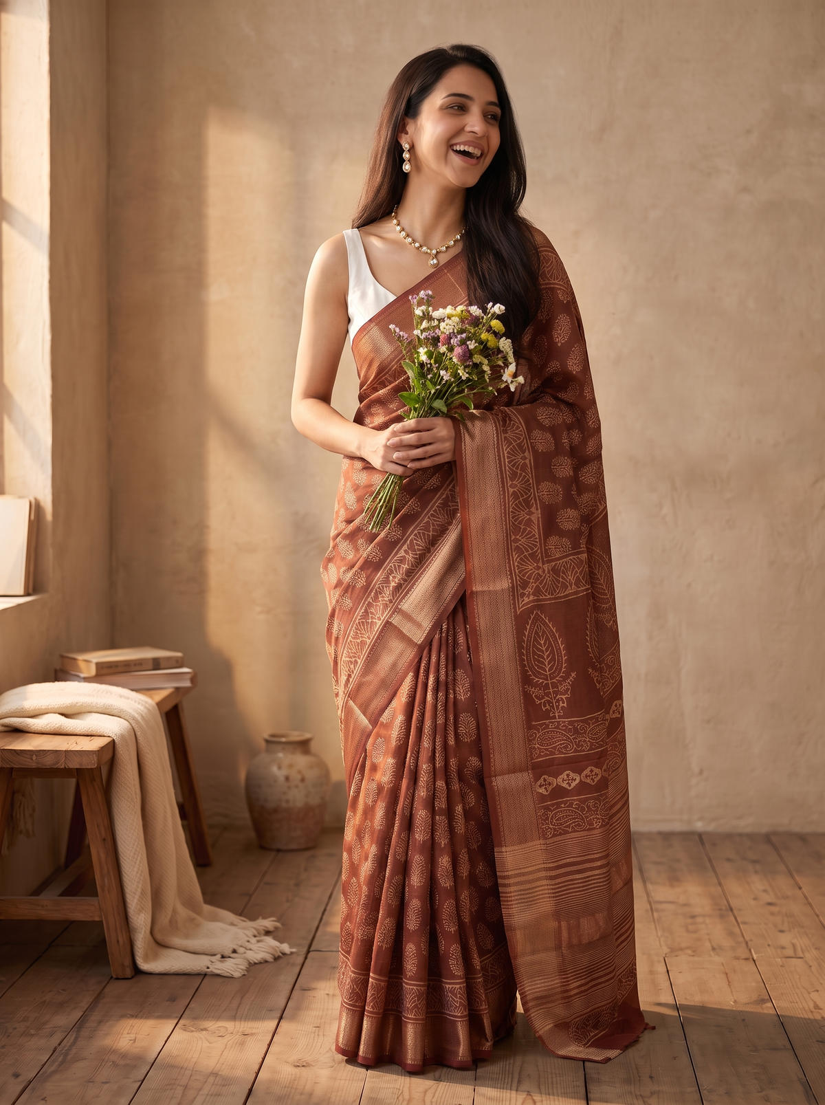 Mud Brown Maheshwari Cotton Silk Saree