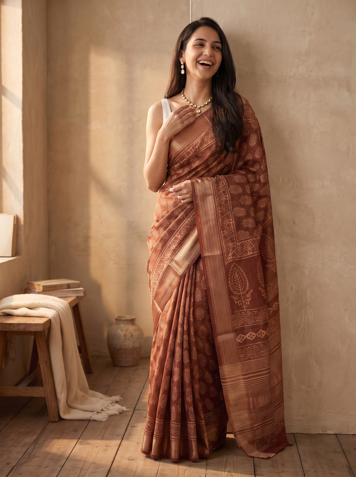 Mud Brown Maheshwari Cotton Silk Saree