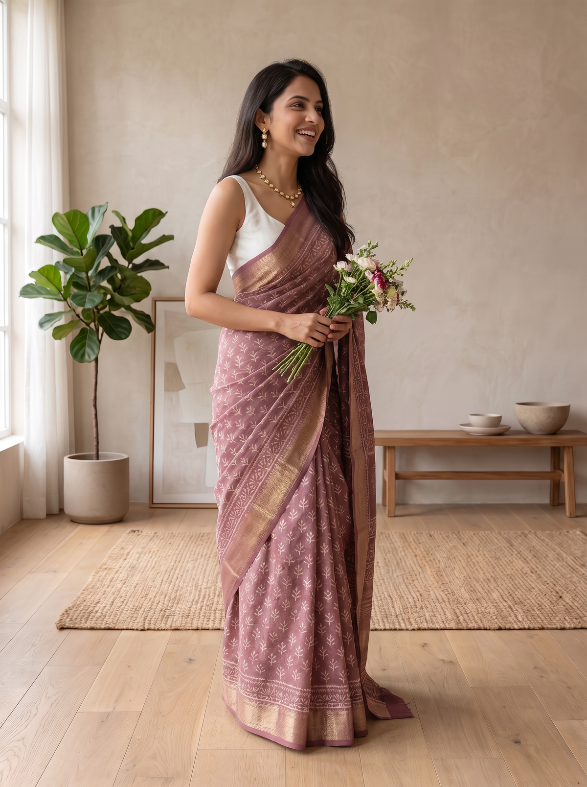 Blush Pink Maheshwari Cotton Silk Saree