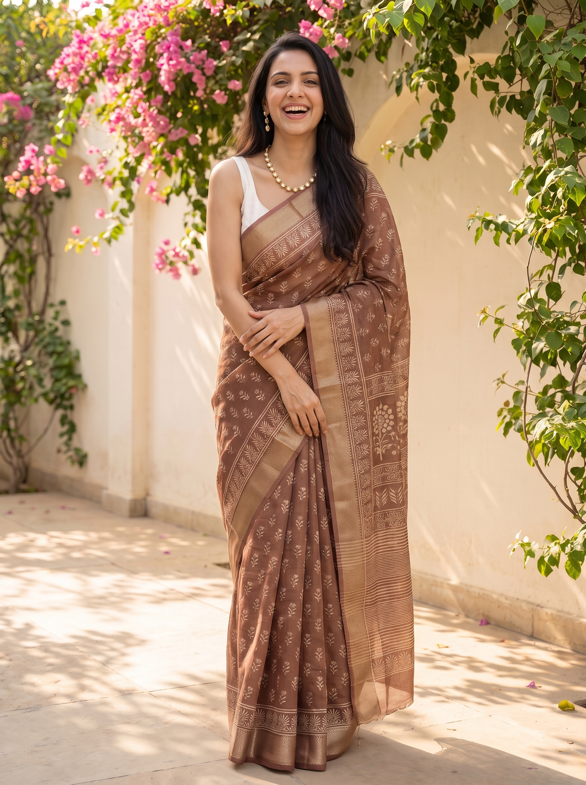 Sand Brown Maheshwari Cotton Silk Saree