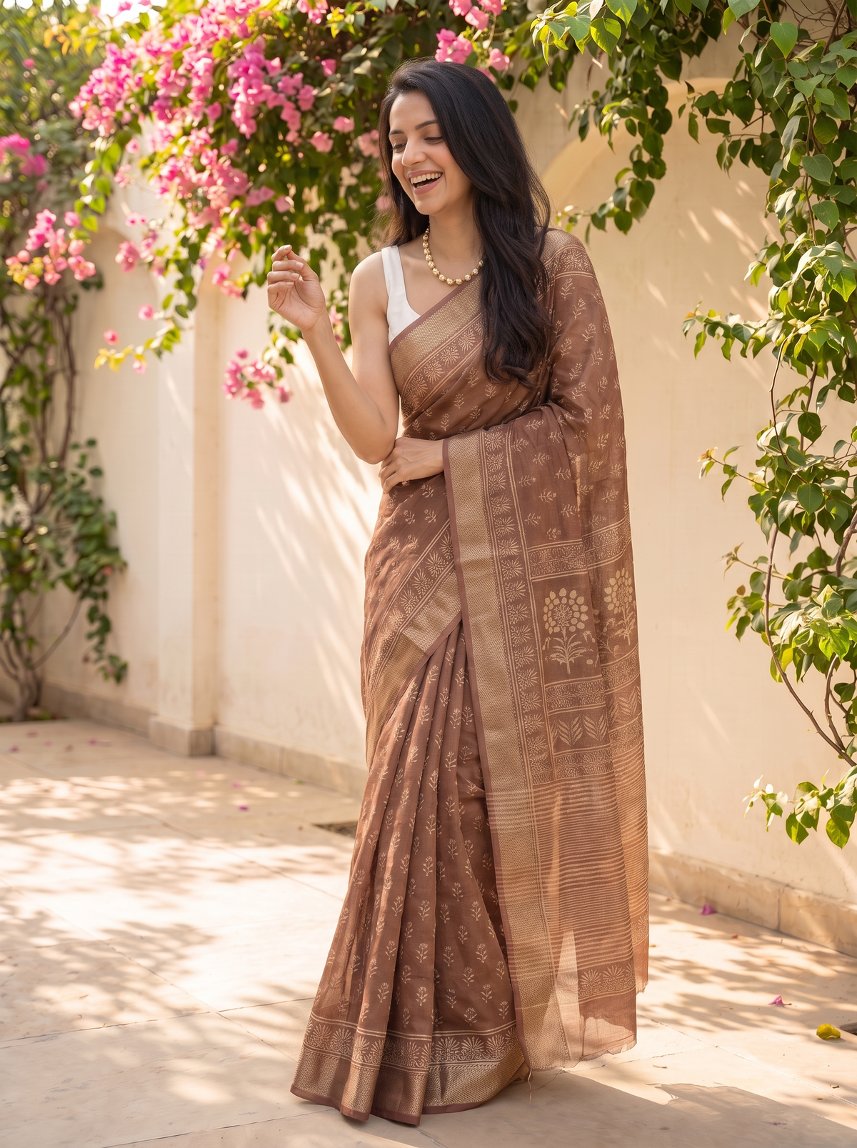 Sand Brown Maheshwari Cotton Silk Saree