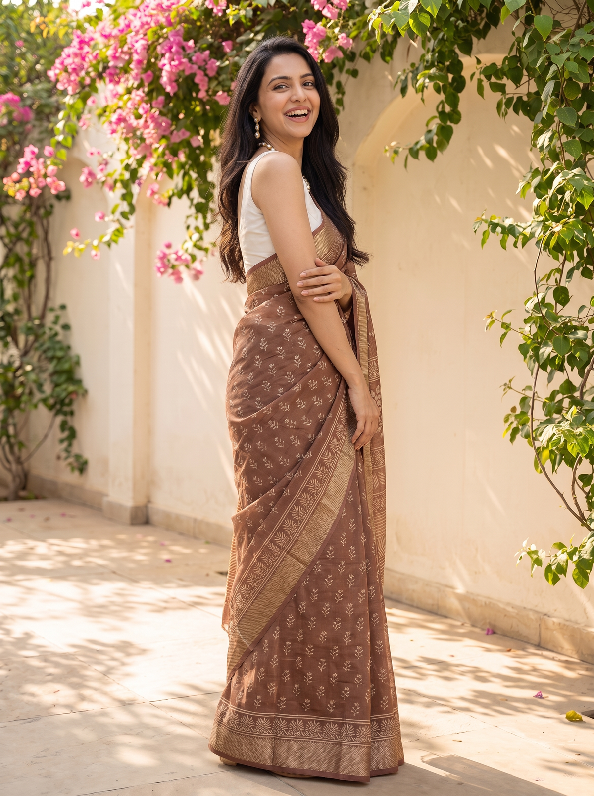 Sand Brown Maheshwari Cotton Silk Saree