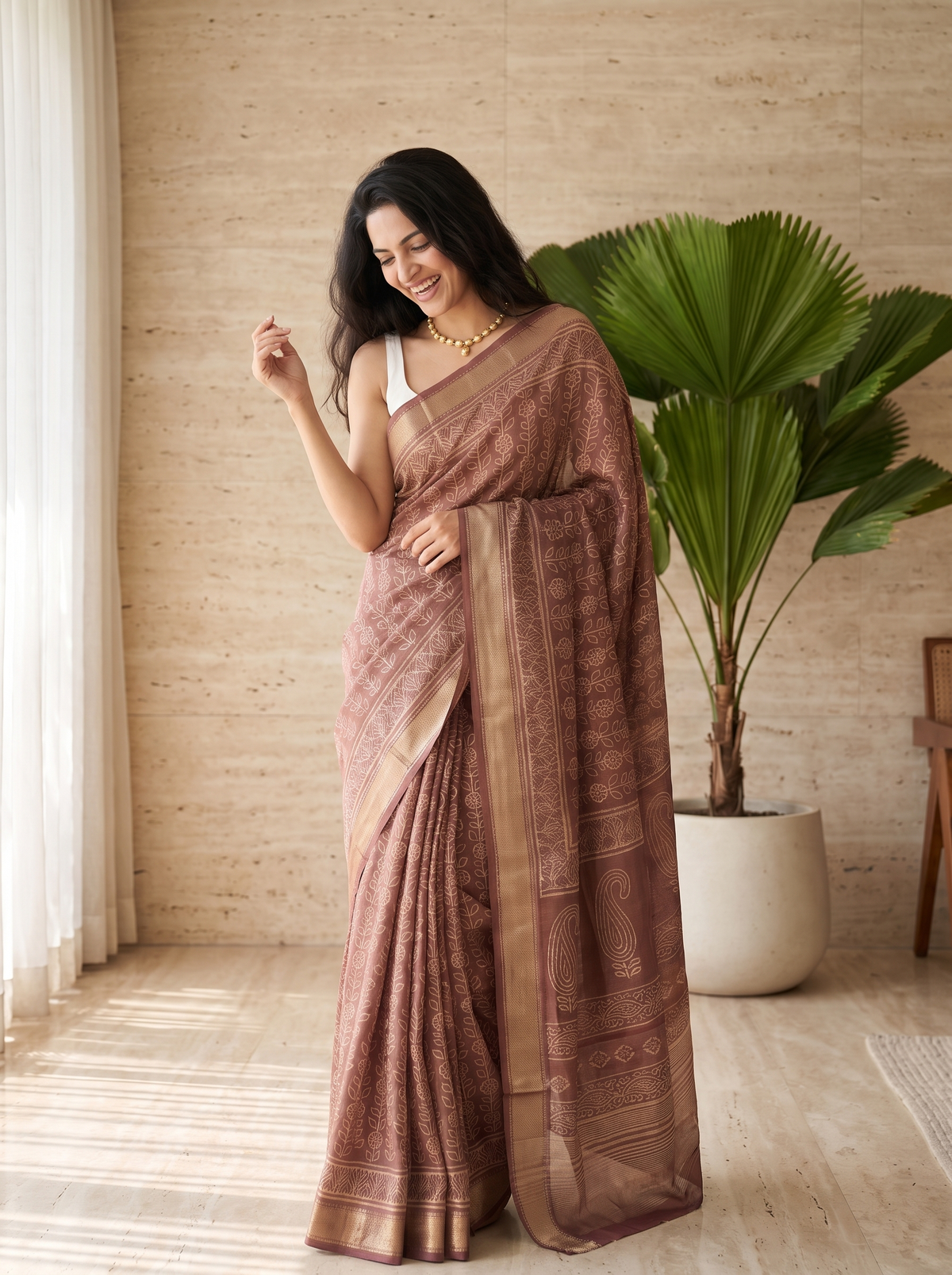 Reddish Brown Maheshwari Cotton Silk Saree