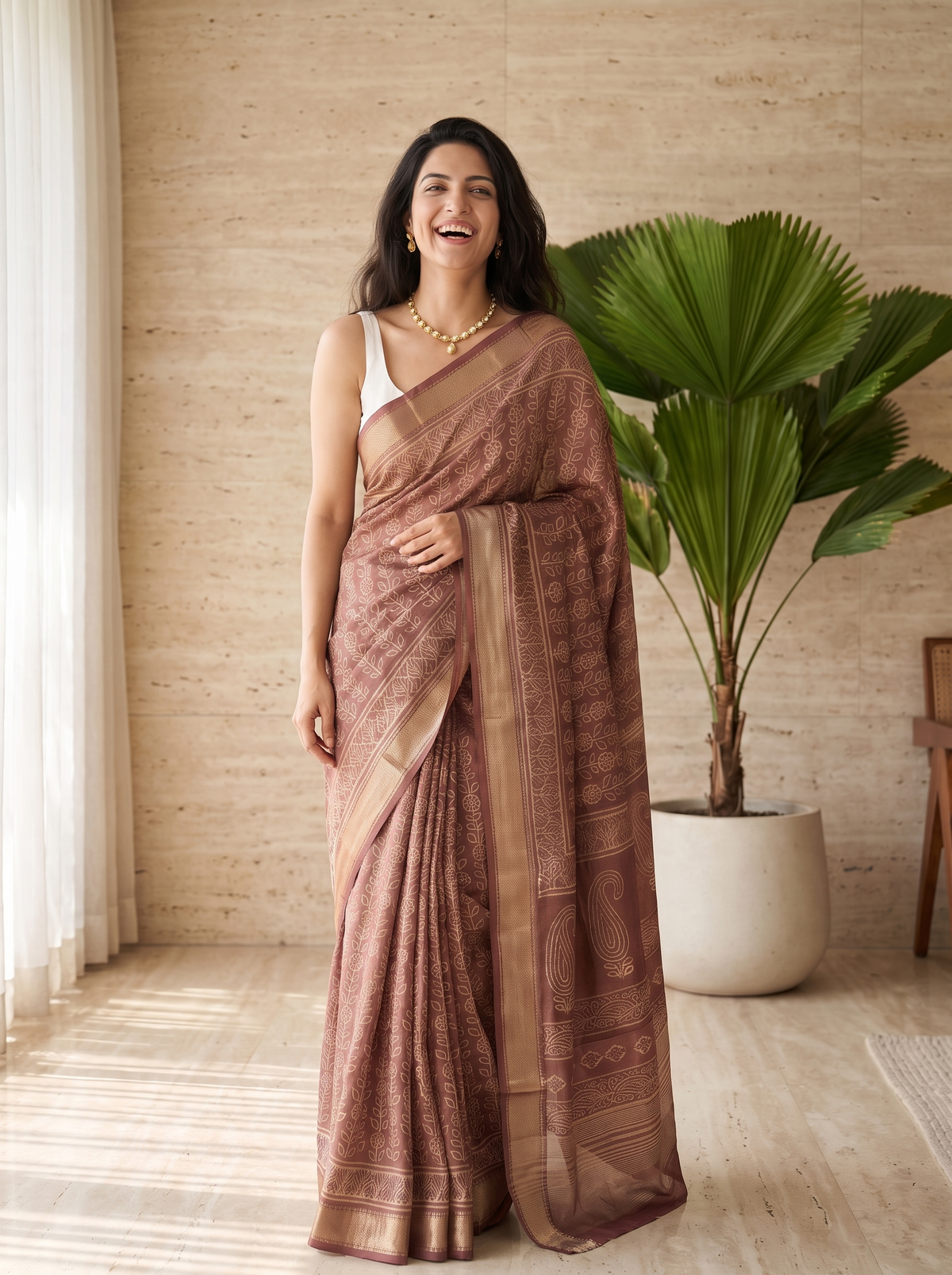 Reddish Brown Maheshwari Cotton Silk Saree