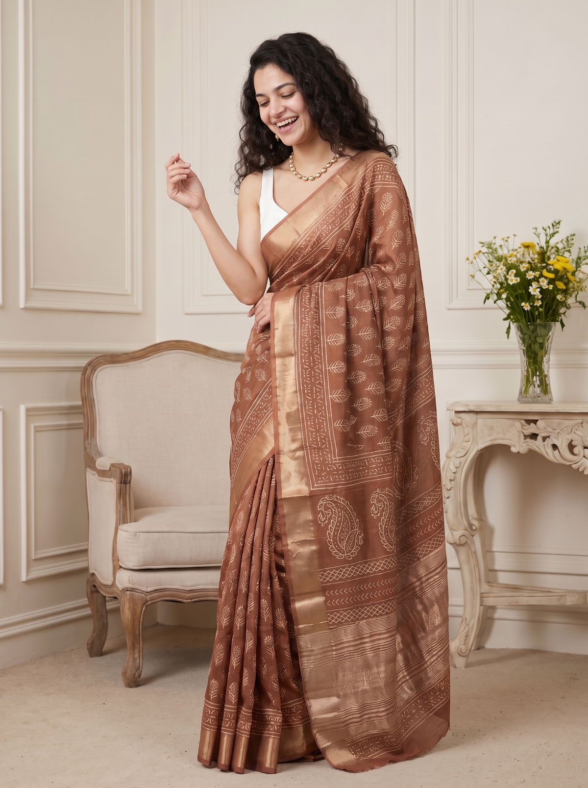 Golden Brown Maheshwari Cotton Silk Saree