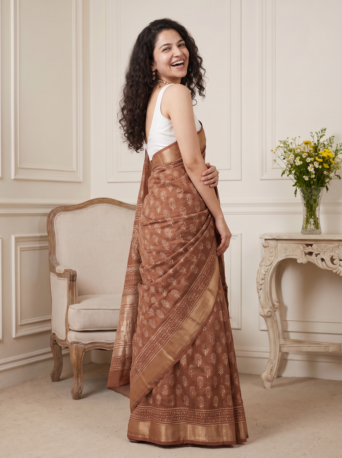 Golden Brown Maheshwari Cotton Silk Saree
