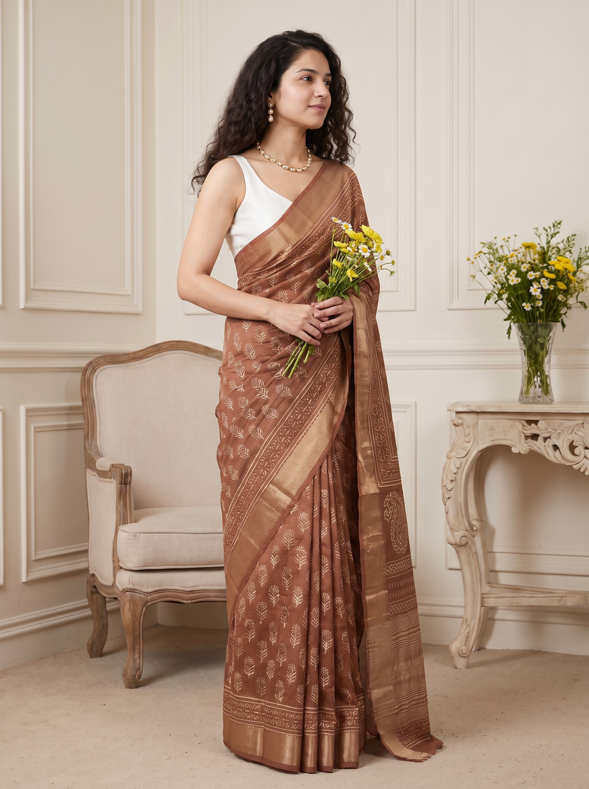 Golden Brown Maheshwari Cotton Silk Saree