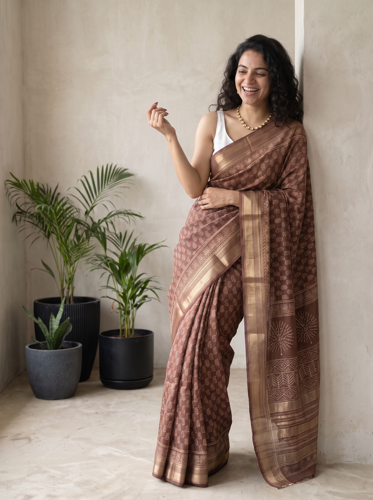 Dusty Brown Maheshwari Cotton Silk Saree